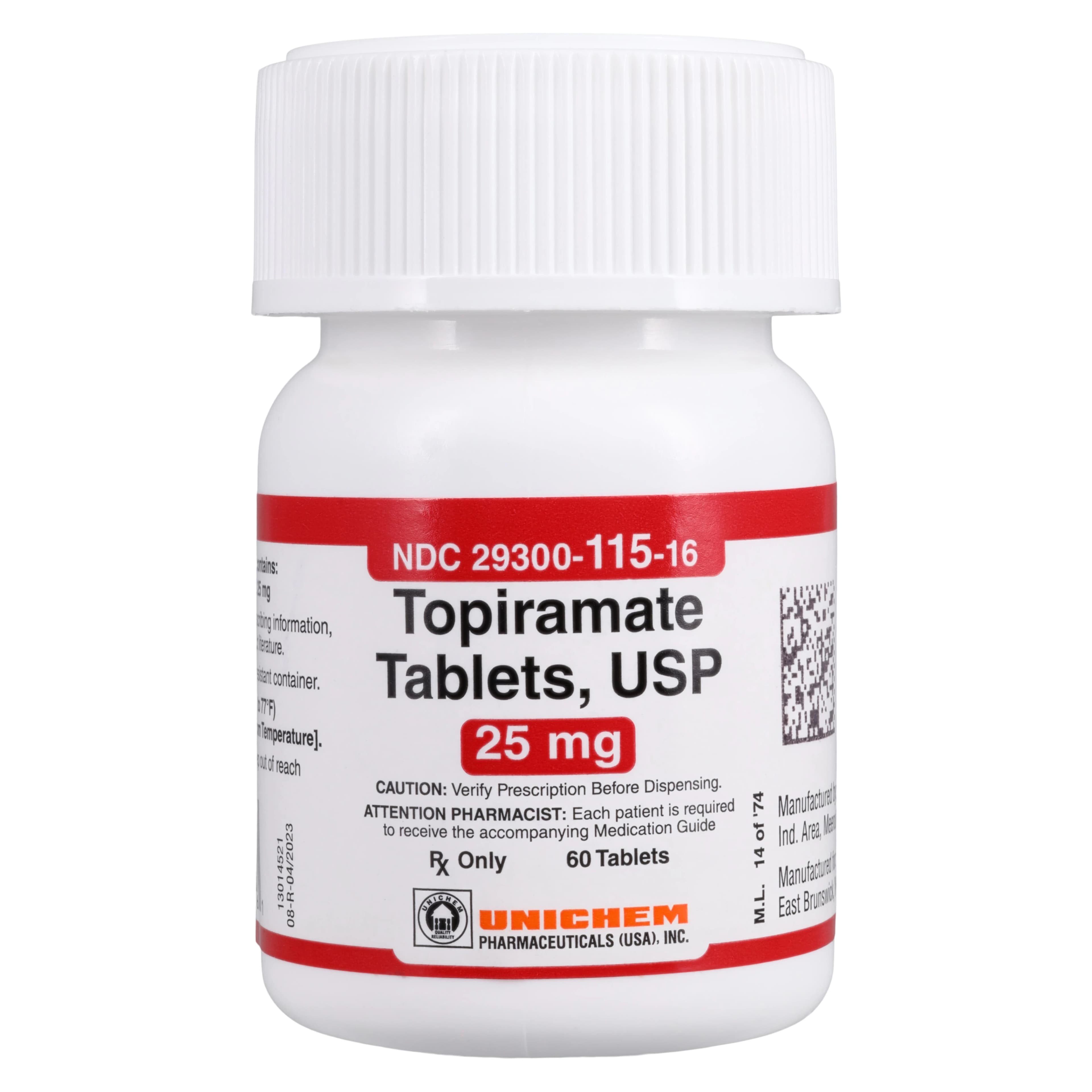 Topiramate Tablets 25mg, 60 Count Bottle (Unichem Pharmaceuticals) - Topiramate Tablets - Image 1