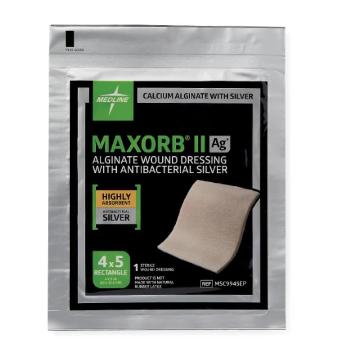 Medline Maxorb II AG Calcium Alginate/Silver Wound Dressing, 4" x 4.75", Sterile, Latex-Free - Dressing Maxorb II AG Silver - Image 1