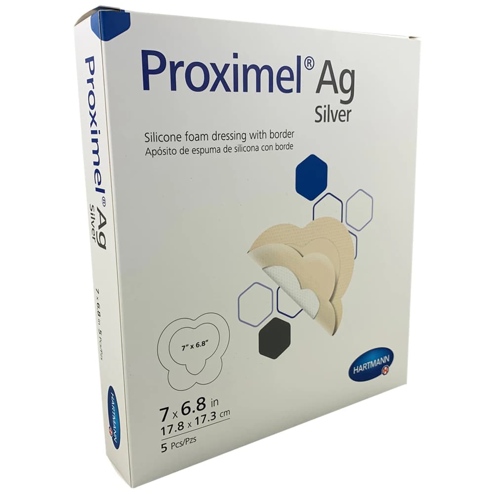 Proximel Ag Silicone Foam Border Dressing, 7" x 6.8", 5-Layer, Sterile, Sacrum, Adhesive, White/Tan - Proximel Ag Border Dressing - Image 1