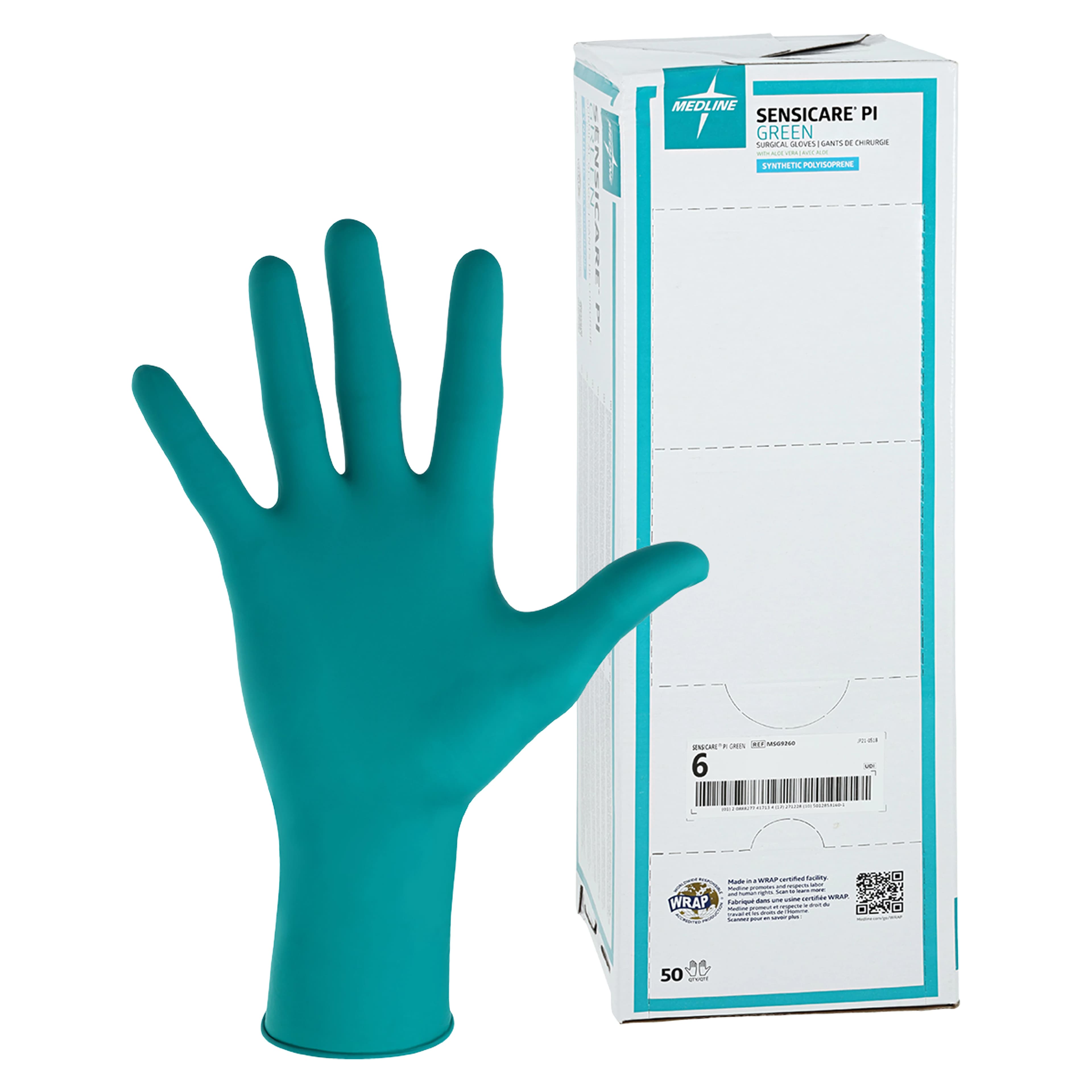Medline SensiCare PI Polyisoprene Surgical Gloves, Size 6, Green, with Aloe, 50/Box - Gloves Surg Plysprn w/Aloe Sz6 - Image 1