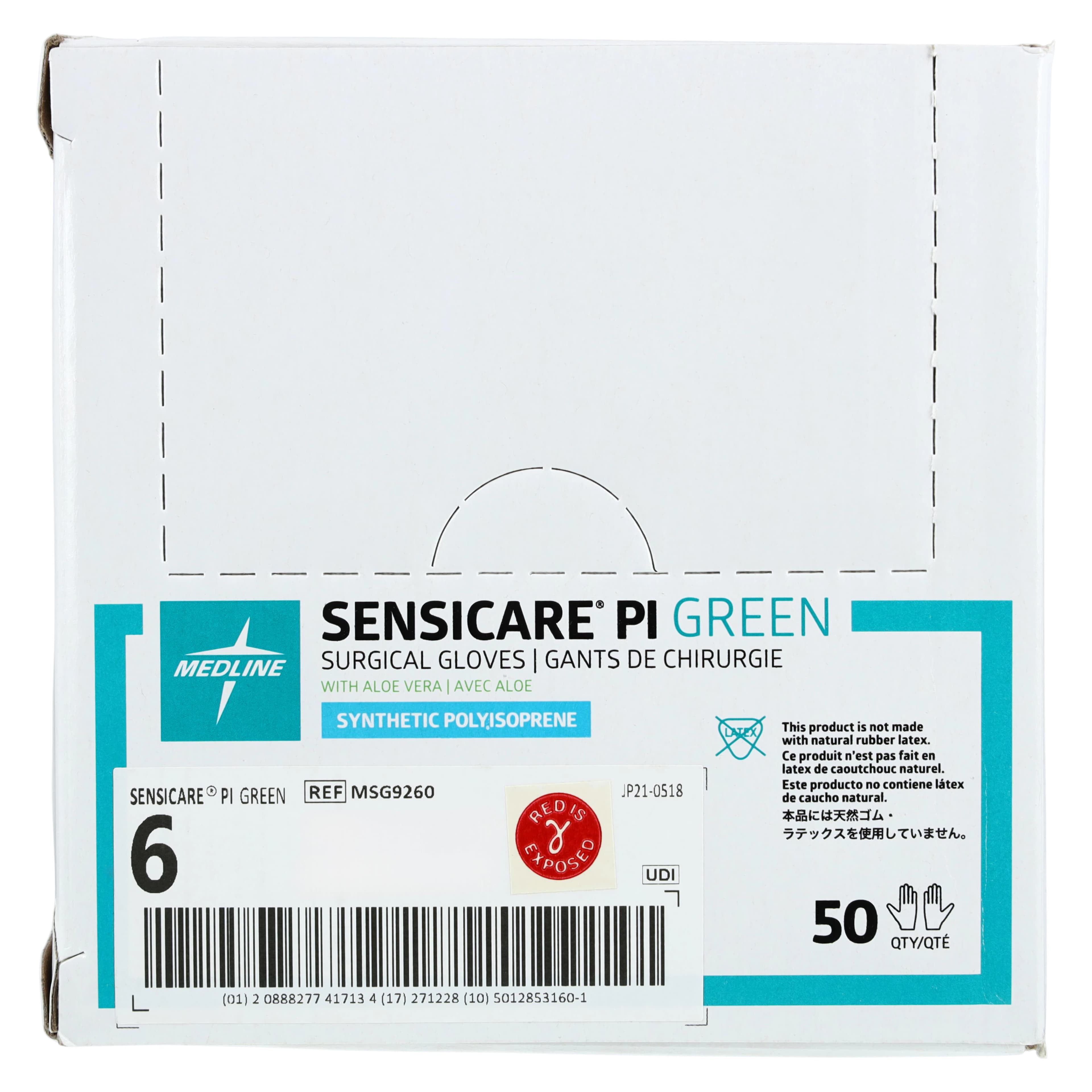 Medline SensiCare PI Polyisoprene Surgical Gloves, Size 6, Green, with Aloe, 50/Box thumbnail 4