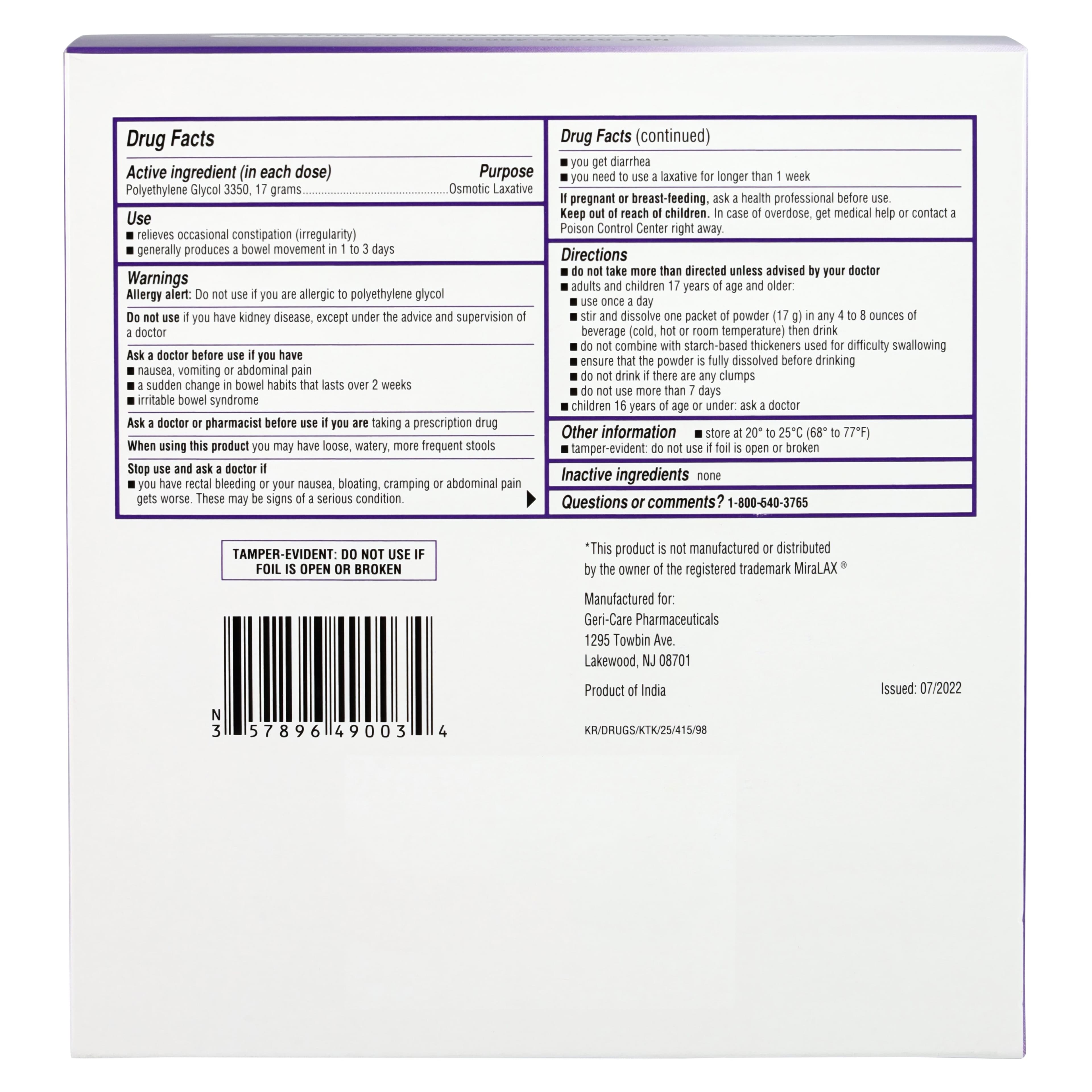 Polyethylene Glycol 3350 NF Powder for Oral Solution, 17 g/Dose, 30 Doses/Box thumbnail 4