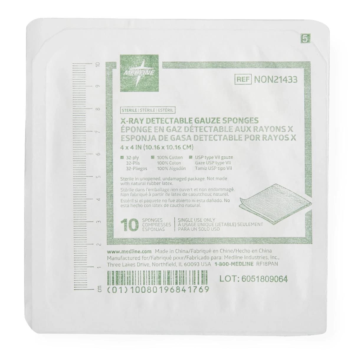 Medline Woven Cotton Gauze Sponge, 4x4", 32 Ply, Sterile, X-Ray Detectable, Square - Gauze Sponge Xray 32Ply ST - Image 1