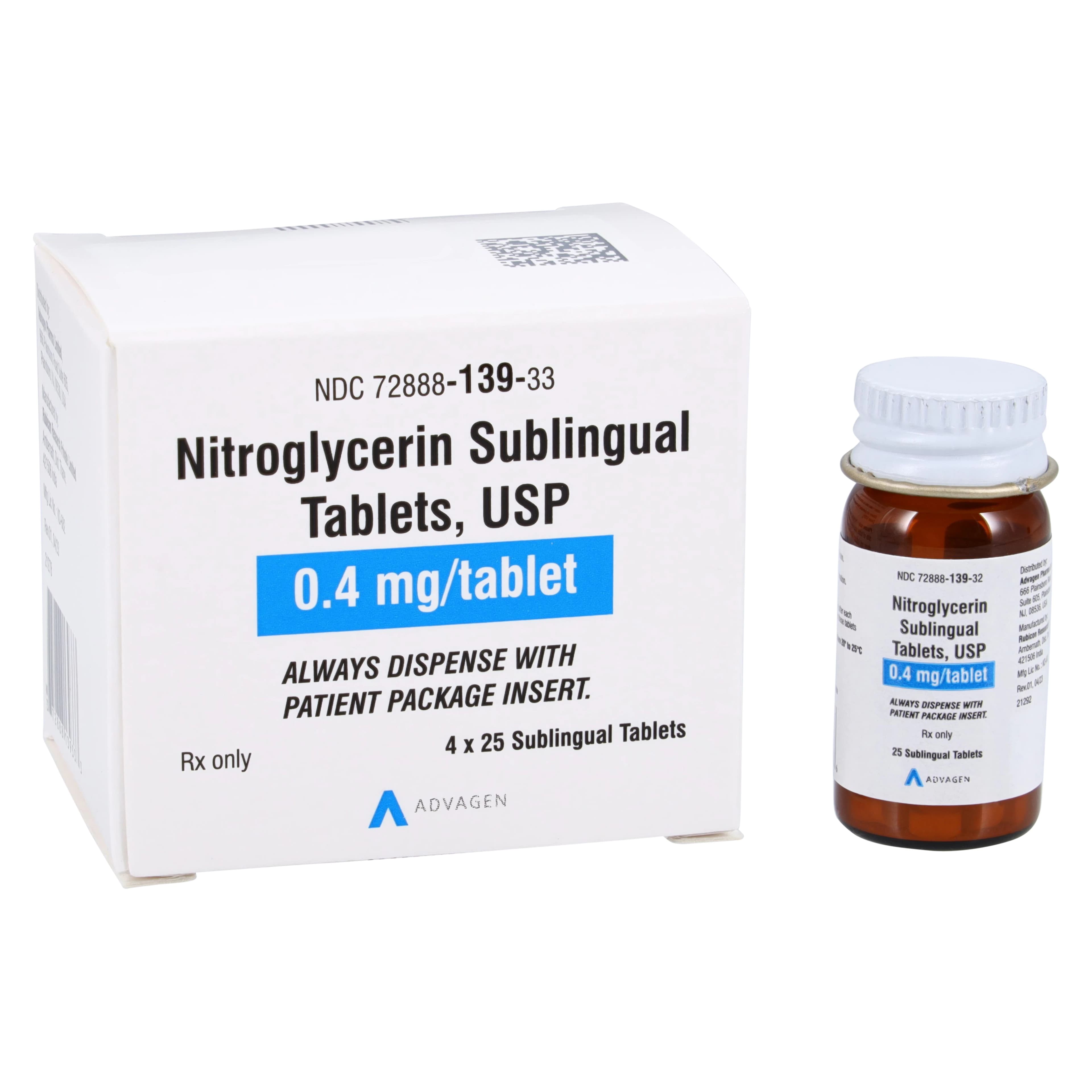 Nitroglycerin Sublingual Tablets 0.4mg, AdvaGen Pharma, 4x25/Package - Nitroglycerin Sublingual Tabs - Image 1
