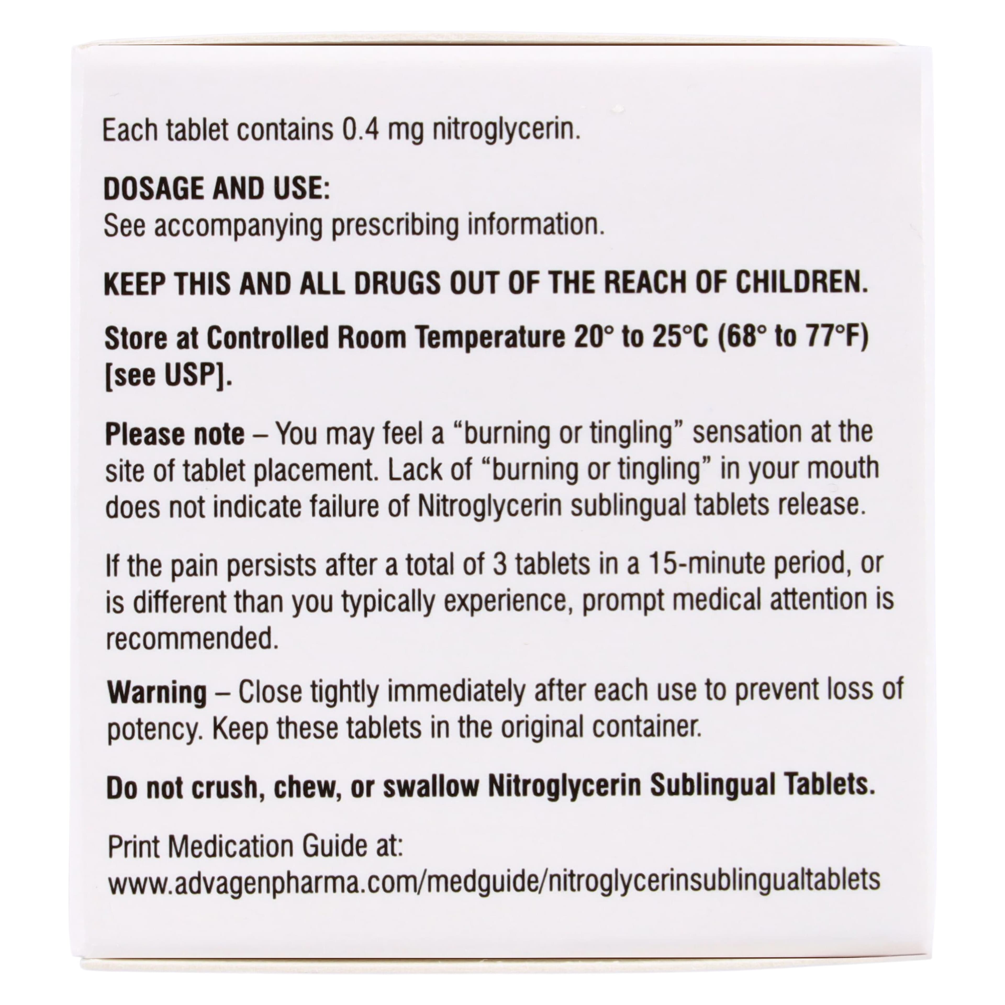 Nitroglycerin Sublingual Tablets 0.4mg, AdvaGen Pharma, 4x25/Package thumbnail 5