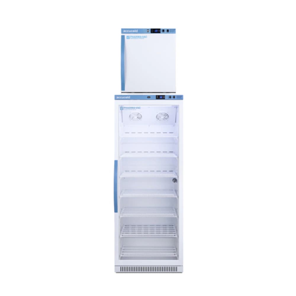 Accucold Performance Series Vaccine/Pharmacy Refrigerator/Freezer, 13.4 Cu Ft, Glass/Solid Door, 2 Right Hinge Reversible, +2 to 8°C / -15 to -25°C, Automatic/Manual Defrost, Each - Fridge/Freezer Vac Stack - Image 1