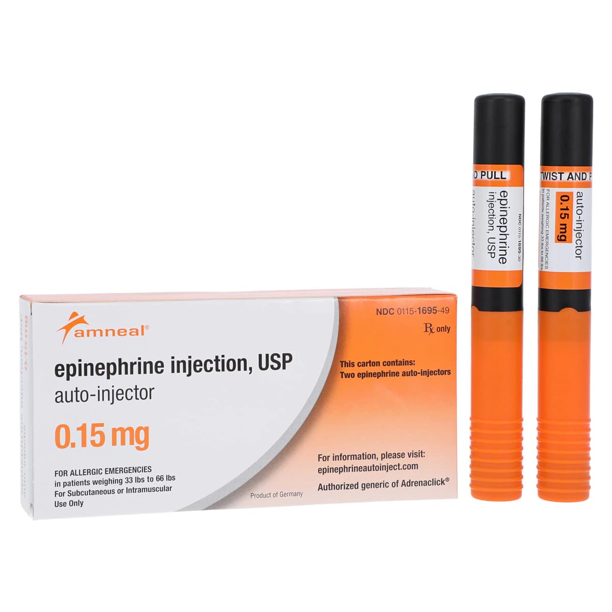 Epinephrine Auto-Injector Jr (Child), 0.15 mg, 2/Pack, Amneal - Epinephrine Auto Injector Jr - Image 1