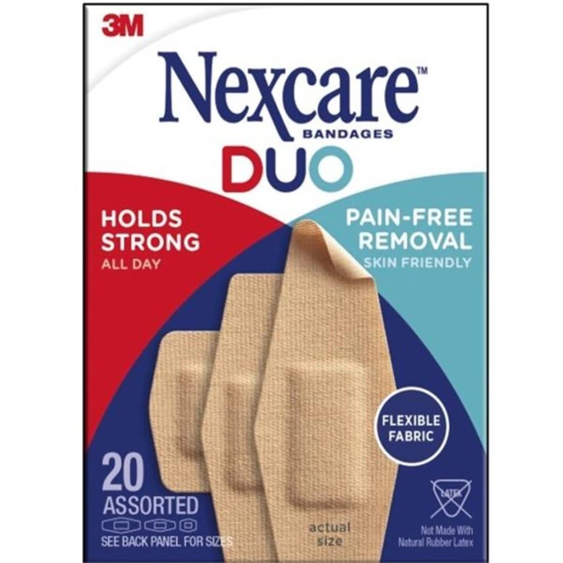 3M Nexcare DUO Adhesive Bandage, Fabric, Assorted Sizes, Tan, Sterile, 20/Box - Bandage Nexcare Duo Fabric - Image 1