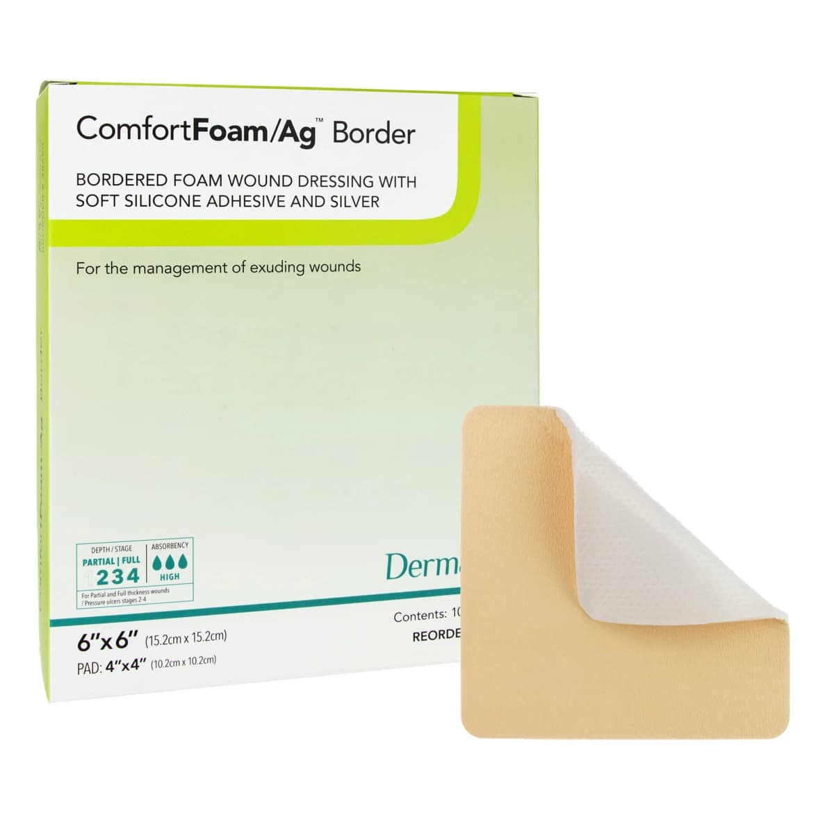 ComfortFoam/Ag Antimicrobial Foam Border Dressing, 6x6" Sterile Square, Silicone Adhesive, Self-Adherent, White/Tan, Latex-Free - ComfortFoam/Ag Border Dressing - Image 1