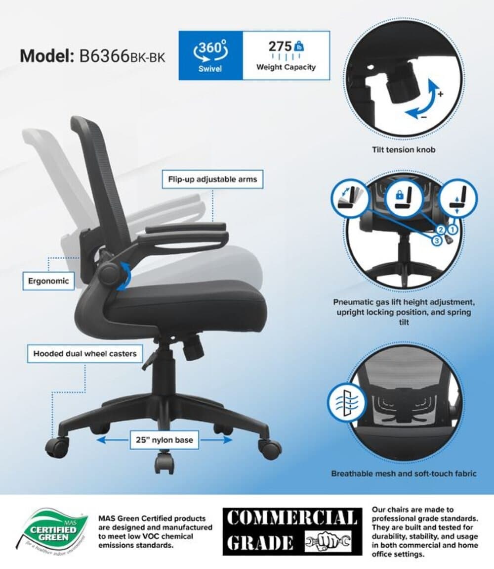 Boss Office Products Deluxe Ergo Task Chair, Mesh Back, Each thumbnail 2