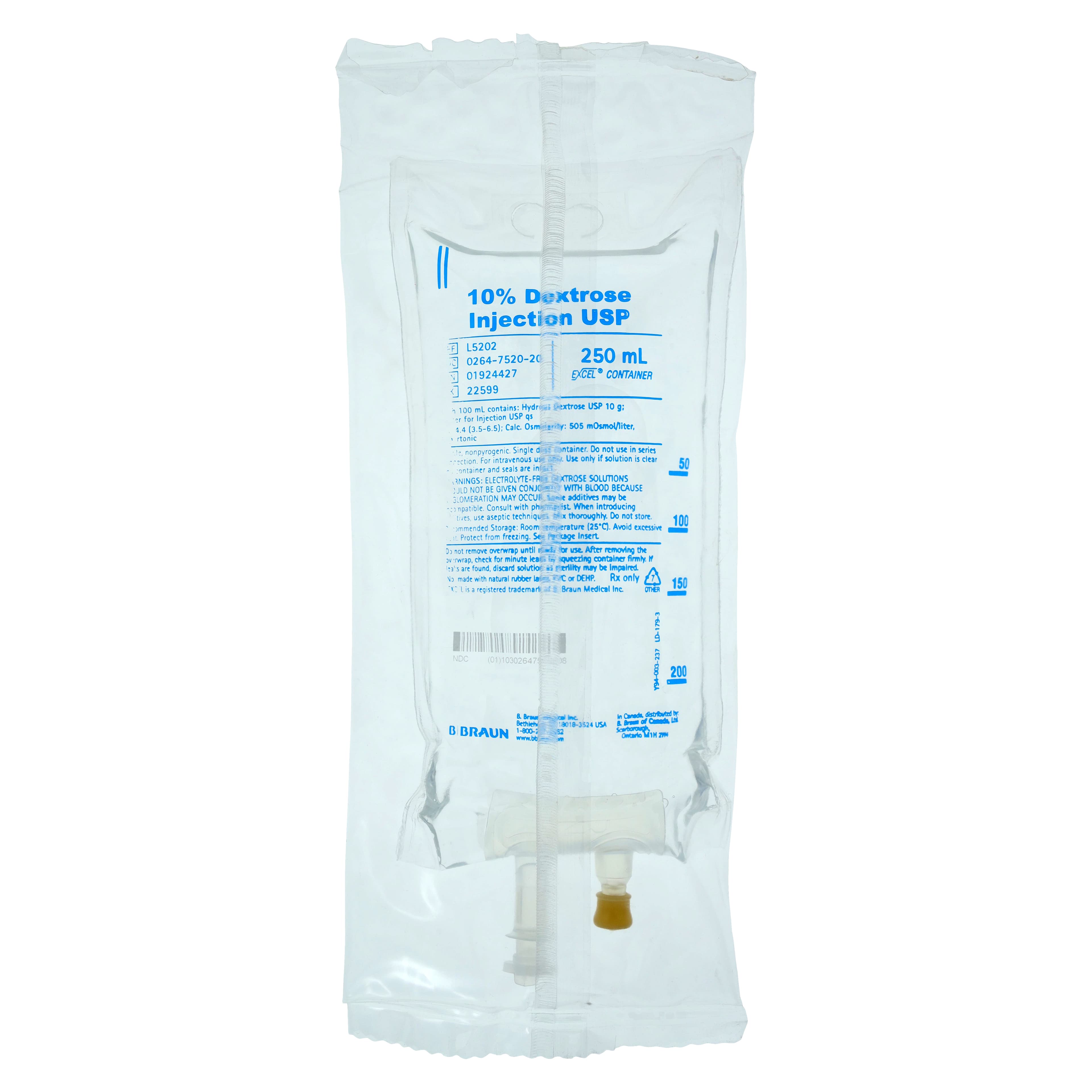 Dextrose 10% Injection IV Solution, 250 mL Bag, DEHP-Free, 24/Case - Dextrose 10% Injection - Image 1