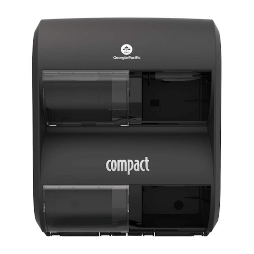 Georgia-Pacific Compact Quad Plus Toilet Paper Dispenser, Black Plastic, Wall Mount, Key Lock, for Coreless Rolls, 7.2 in x 12 in x 14.5 in, GP# 19375/19378/19371/19374 - DISPENSER TISSUE COMPACT QUAD - Image 1