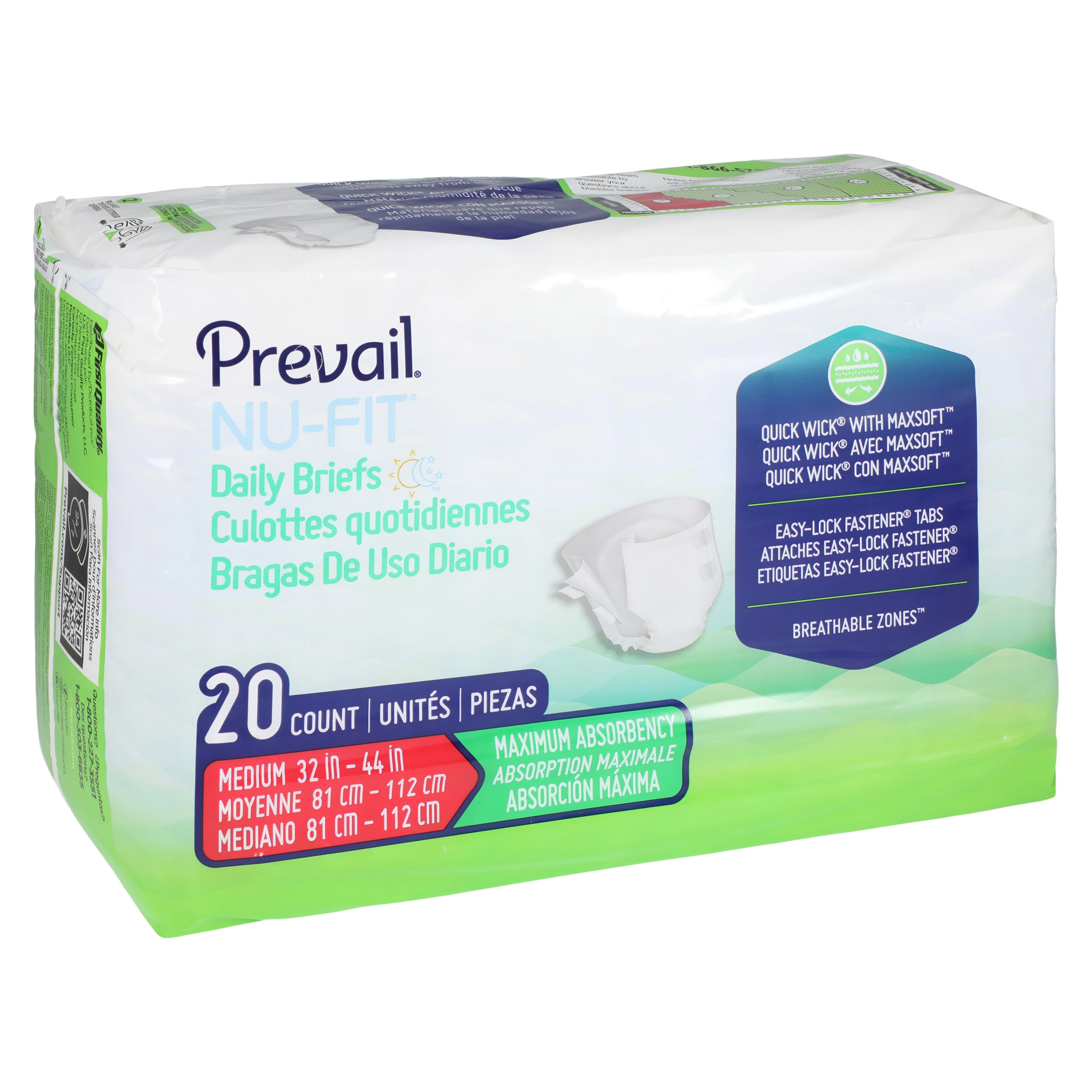 Prevail Nu-Fit Adult Incontinence Brief, Medium, 32-44" Waist, Maximum Absorbency, Tab Closure, 80/Case - Brief Adult Nu-Fit Medium - Image 1
