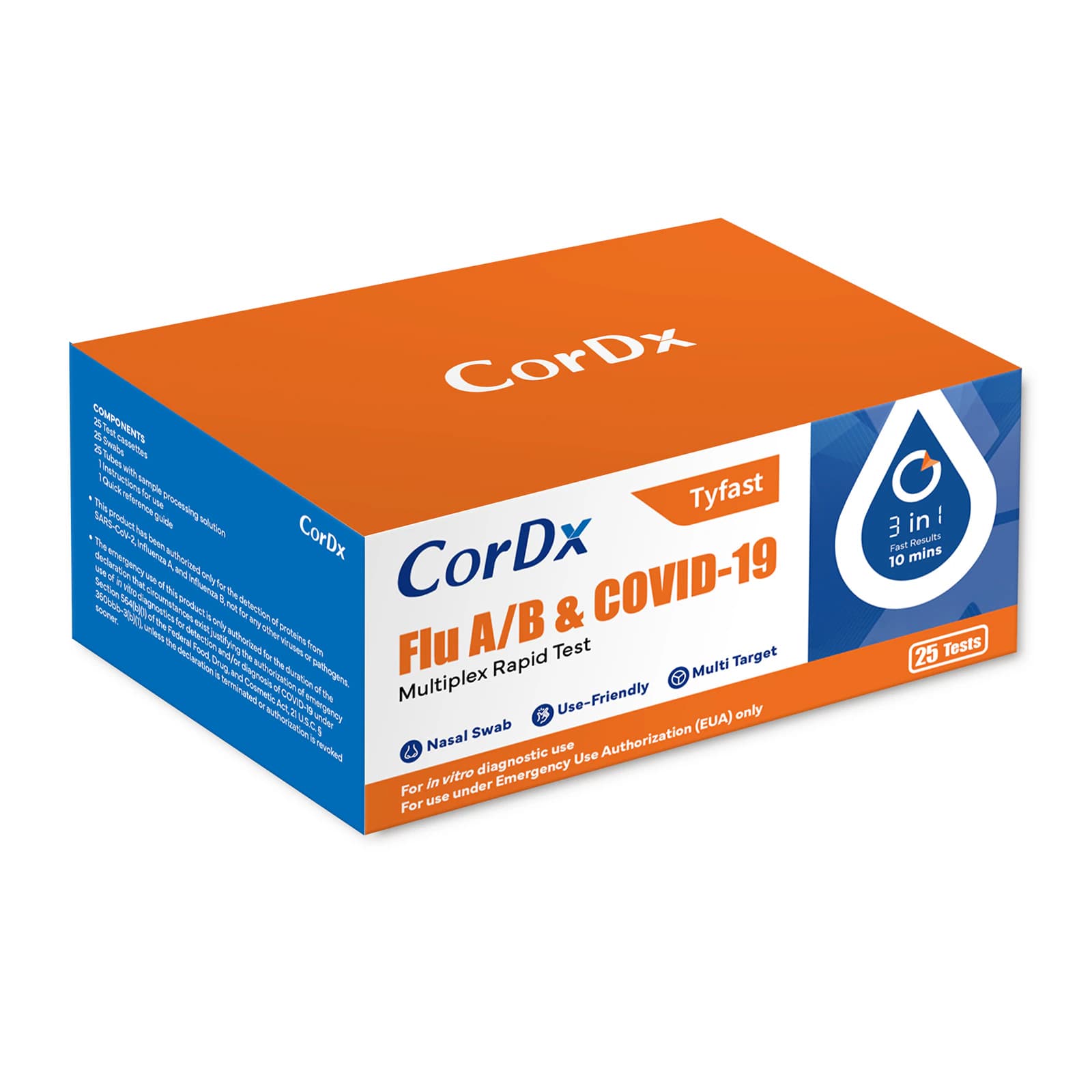CorDx Tyfast COVID-19/Flu A&B Rapid Antigen Test, 25 Tests/Box, EUA - CorDx Tyfast Flu A/B&Covid-19 - Image 1
