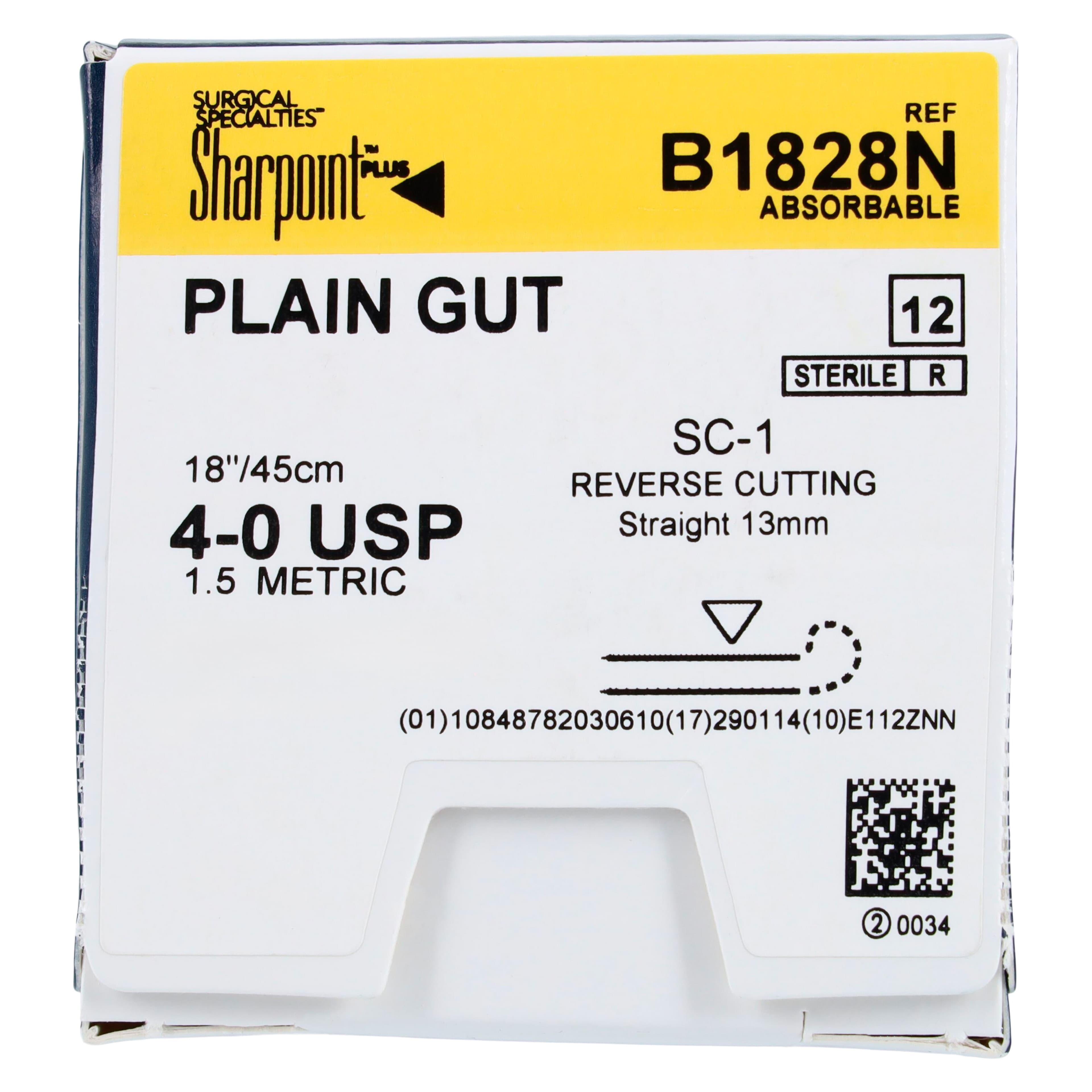 Sharpoint Plain Gut Absorbable Suture, 4-0, 18 in, SC-1 Reverse Cutting Straight Needle 13mm, Uncoated Natural, 12/Box thumbnail 5