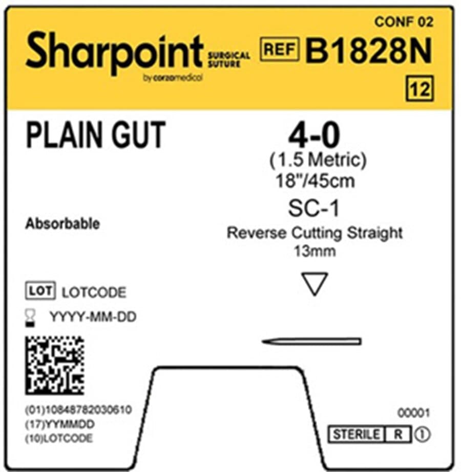 Sharpoint Plain Gut Absorbable Suture, 4-0, 18 in, SC-1 Reverse Cutting Straight Needle 13mm, Uncoated Natural, 12/Box thumbnail 2