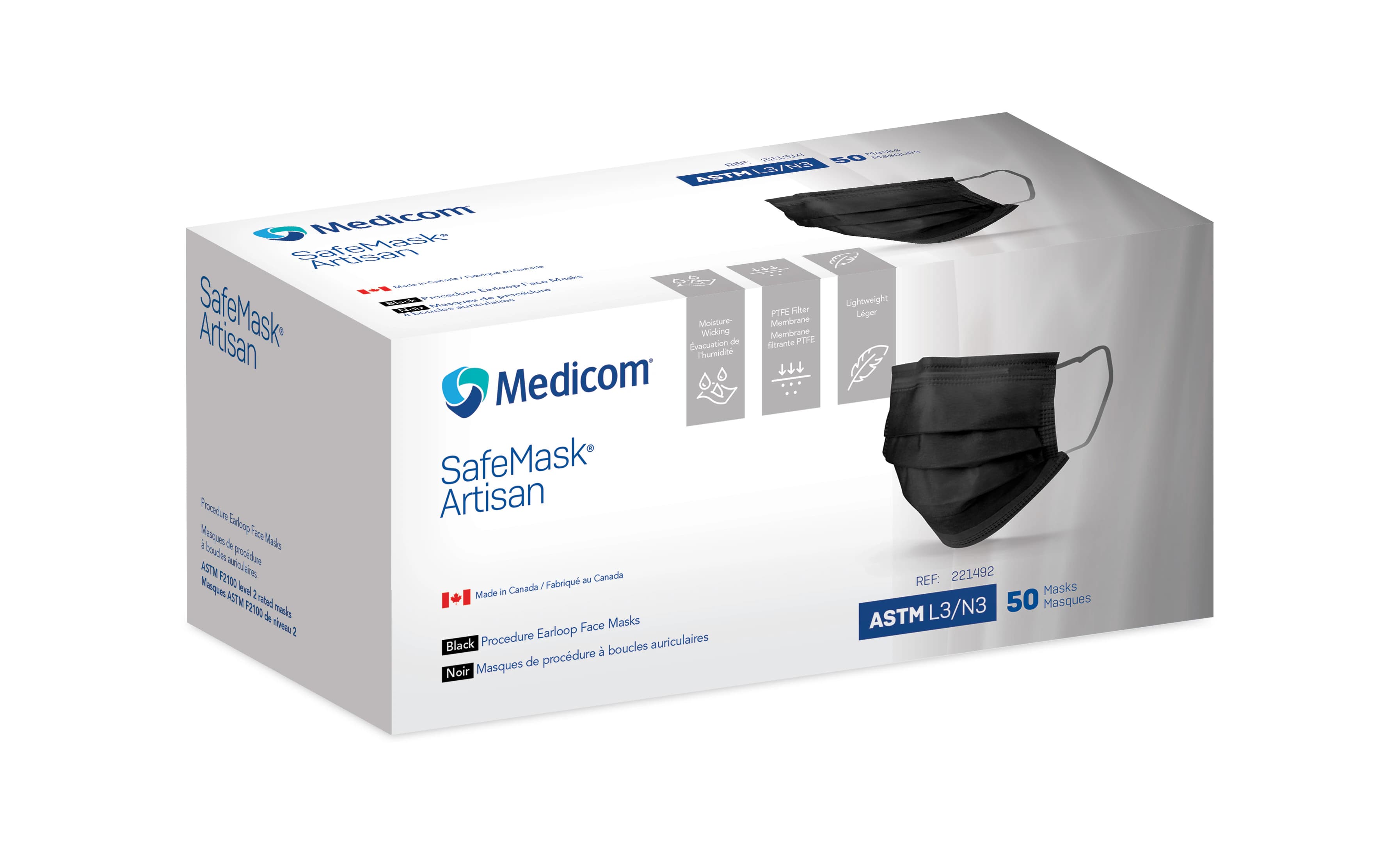 Medicom SafeMask Artisan Earloop Face Mask, ASTM Level 3, Black, 50/Box, 221492 thumbnail 2