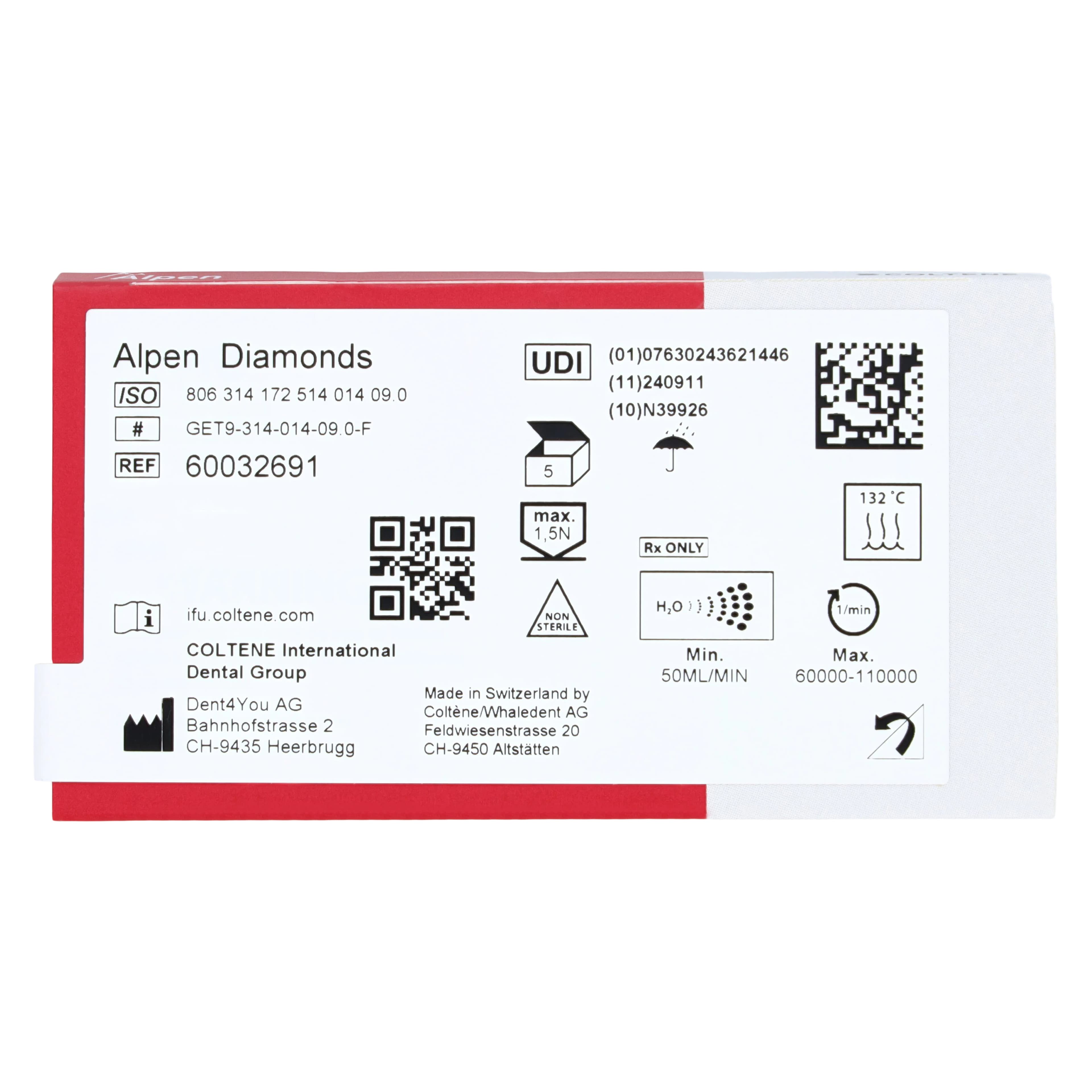 Coltene Alpen Esthetic Finishing Diamond Bur, FG, Fine Grit, Red Ring, #135-014/ET9, 1.4 mm Head, 5/Pkg, 60032691 thumbnail 6