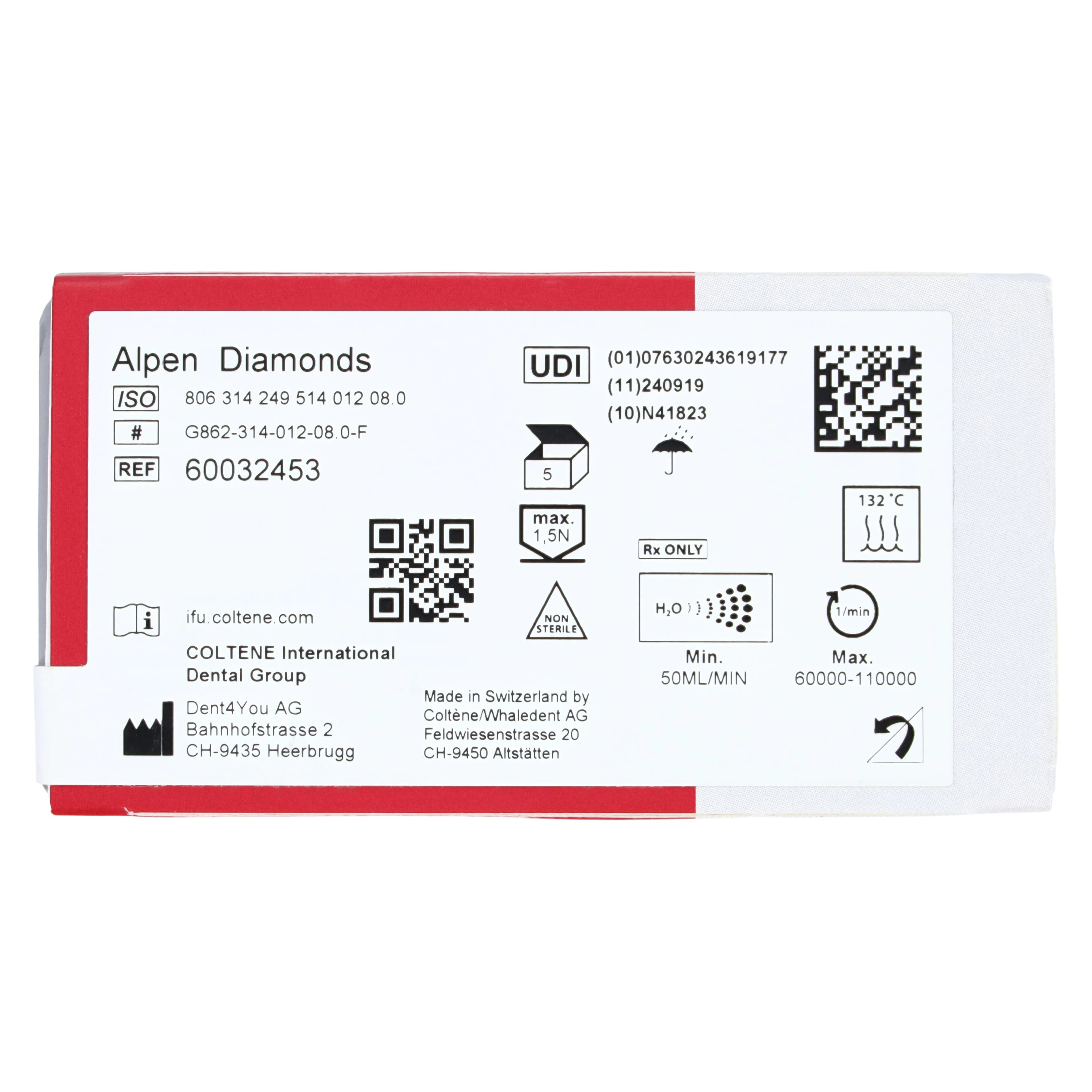 Coltene Alpen Multi-Use Multilayer Diamond Bur, FG, Fine, Red, Flame, #862-012, 1.2 mm Head Diameter, 8 mm Head Length, 5/Pkg thumbnail 6
