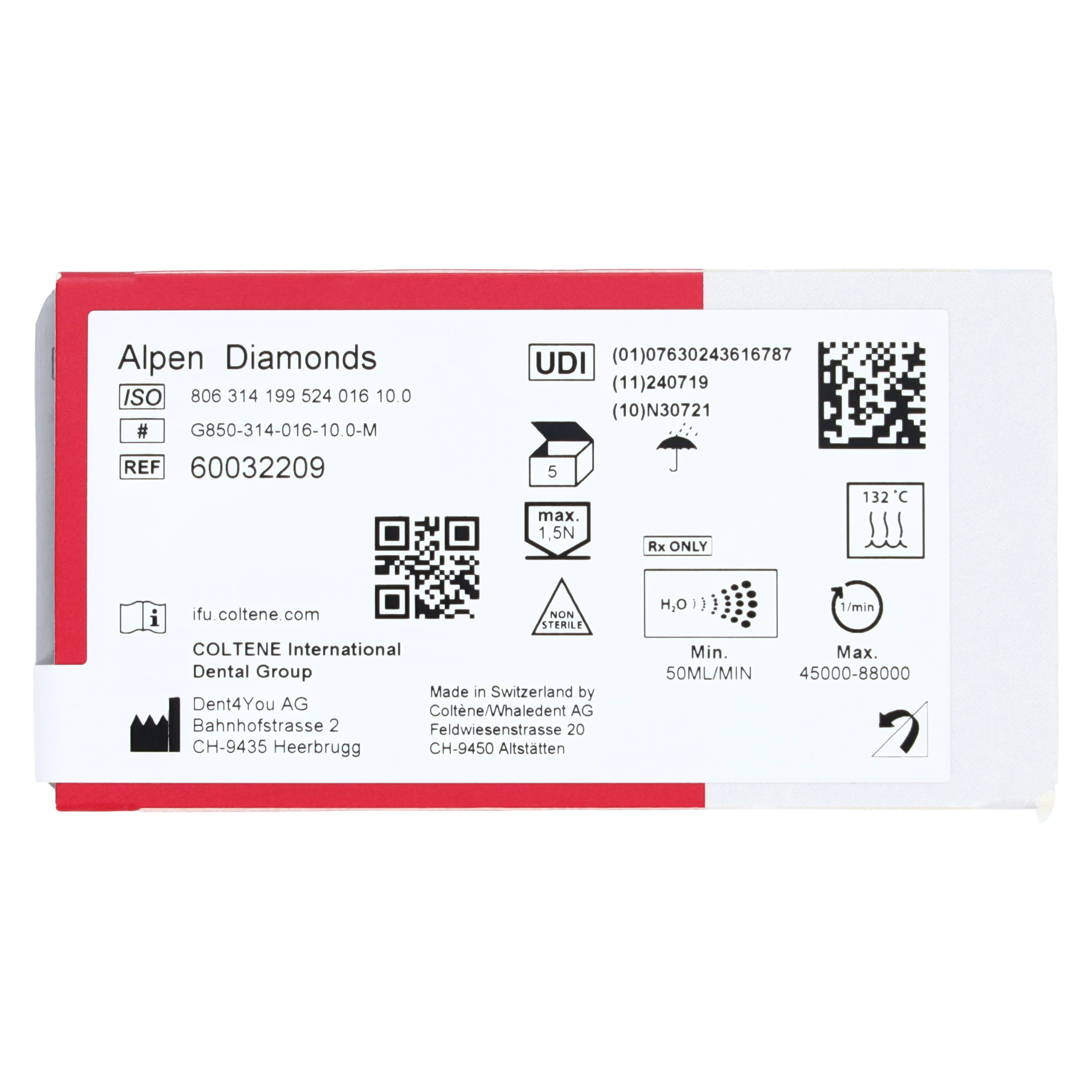 Coltene Alpen Multilayer Diamond Bur, Round End Taper, FG, Medium Grit, #850-016, 1.6 mm Head Diameter, 5/Pkg thumbnail 6