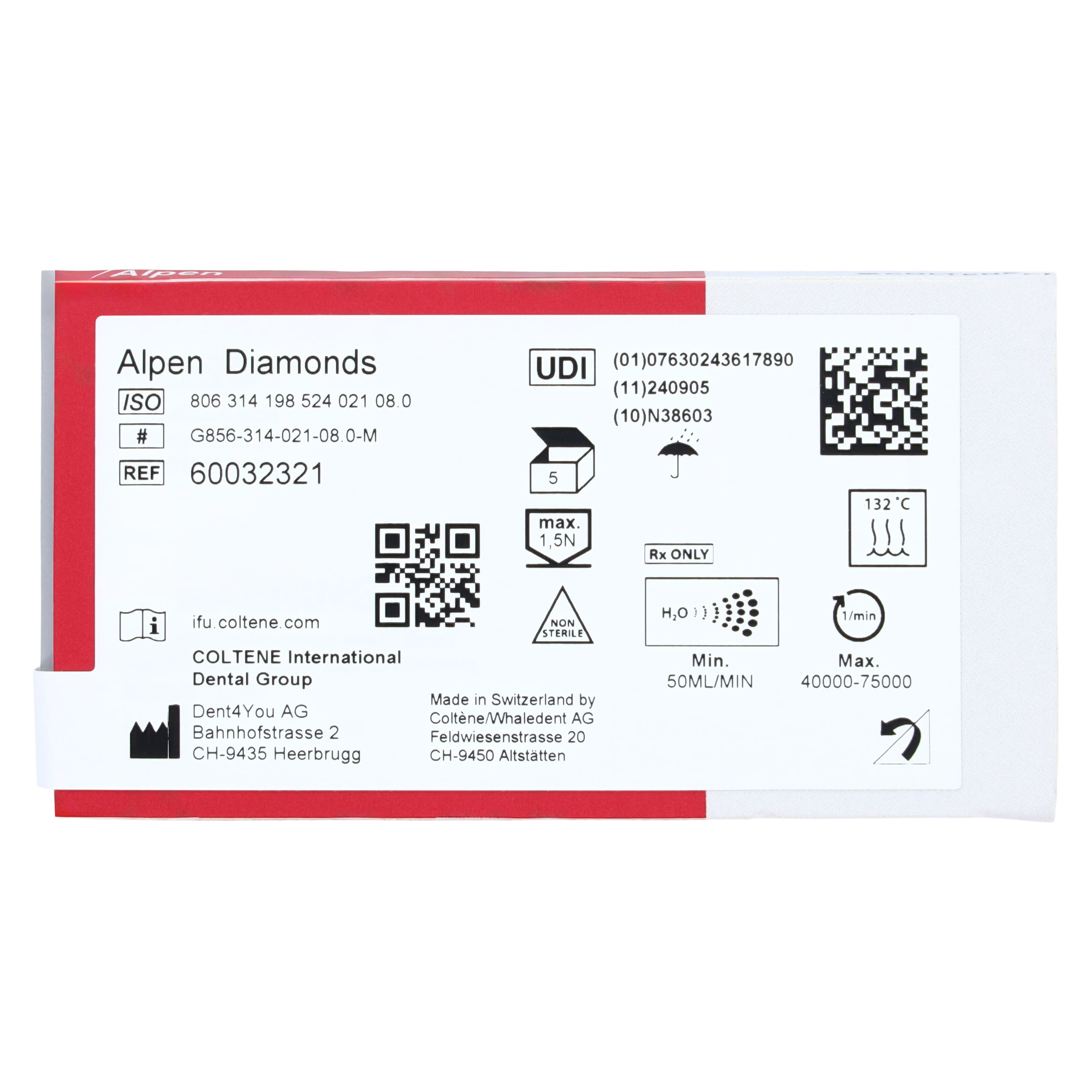 Coltene Alpen Multi-Use Diamond Bur, FG, Round End Taper, Medium Grit, #856-021, 2.1mm Head Diameter, 5/Pkg thumbnail 6