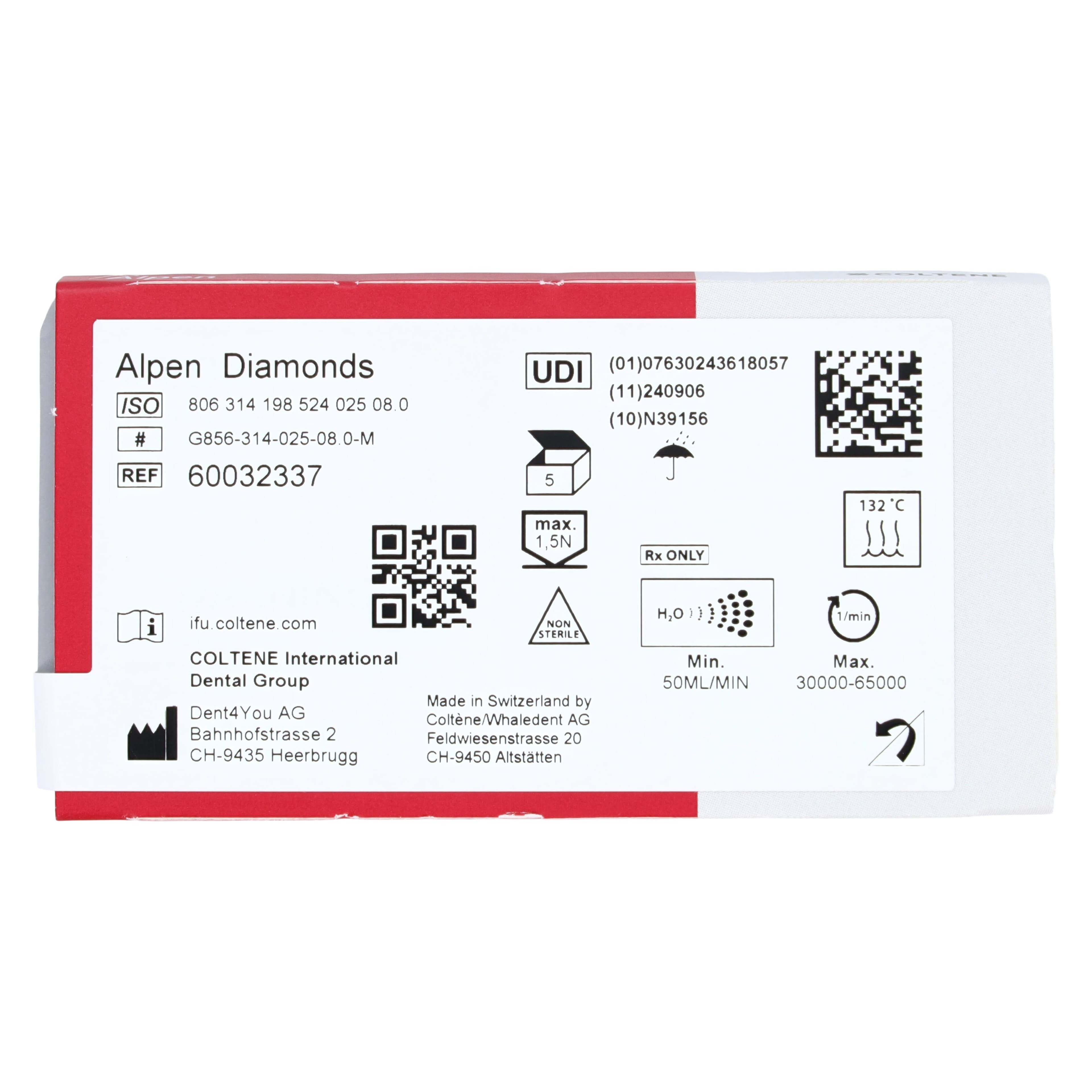 Coltene Alpen Multi-Use Multilayer Diamond Bur, FG, Medium, Round End Taper, #856-025, 2.5 mm Head Diameter, 8 mm Head Length, 5/Pkg thumbnail 6