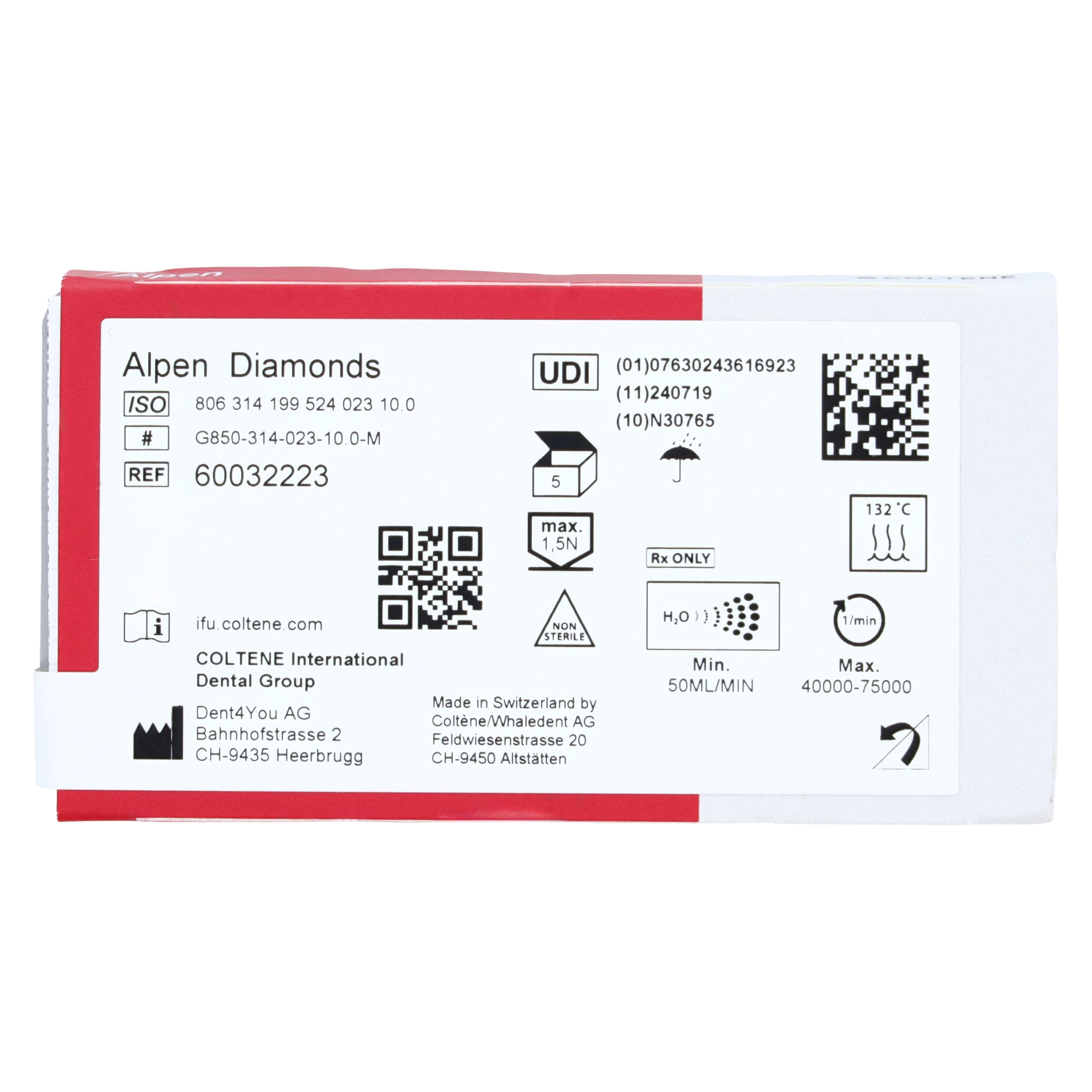 Coltene Alpen Multi-Use Multilayer Diamond Bur, Round End Taper, FG, Medium Grit, #850-023, 5/Pkg thumbnail 6