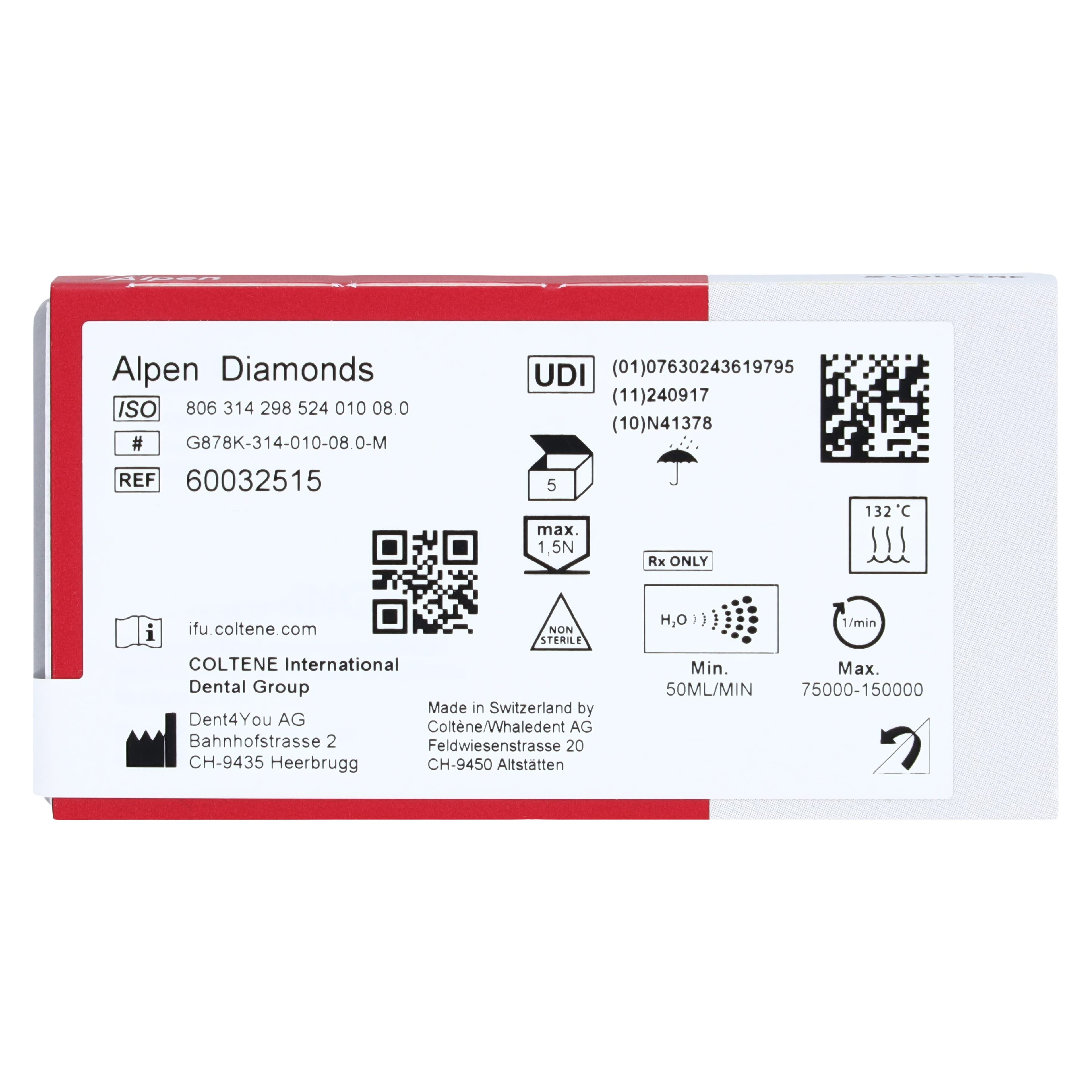 Coltene Alpen Multi-Use Multilayer Diamond Bur, FG, Medium, Tapered Torpedo/Curettage, #878K-010, 1 mm Head Diameter, 8 mm Head Length, 5/Pkg thumbnail 6