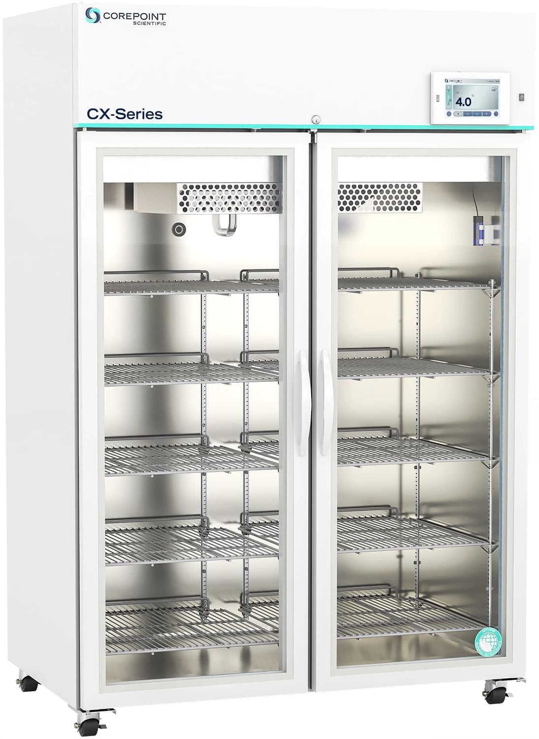 Corepoint Laboratory Refrigerator, Glass Door, 49 Cu Ft, 2 Glass Doors, Right Hinge, 1-10°C, Cycle Defrost, 01KT0J07WSMSR4J0Y2Y0XHE35A - Glass Door Fridge Touchscreen - Image 1