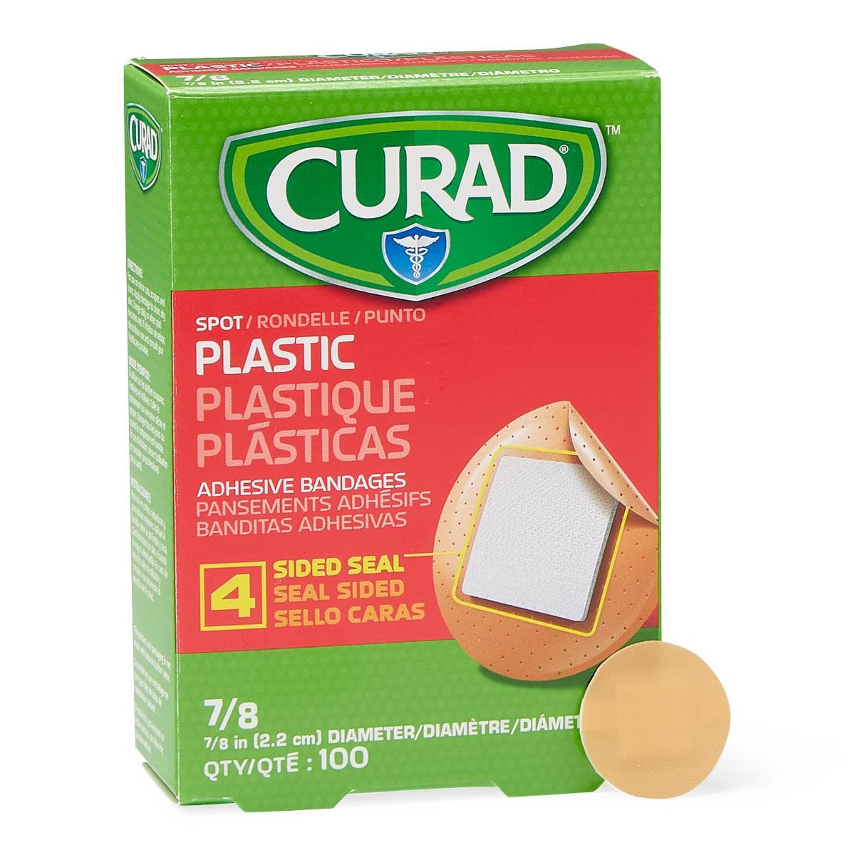 Curad Plastic Adhesive Bandage, Spot, 7/8" Diameter, Natural, Sterile, 100/Box - Bandage Curad Plastic Spot - Image 1