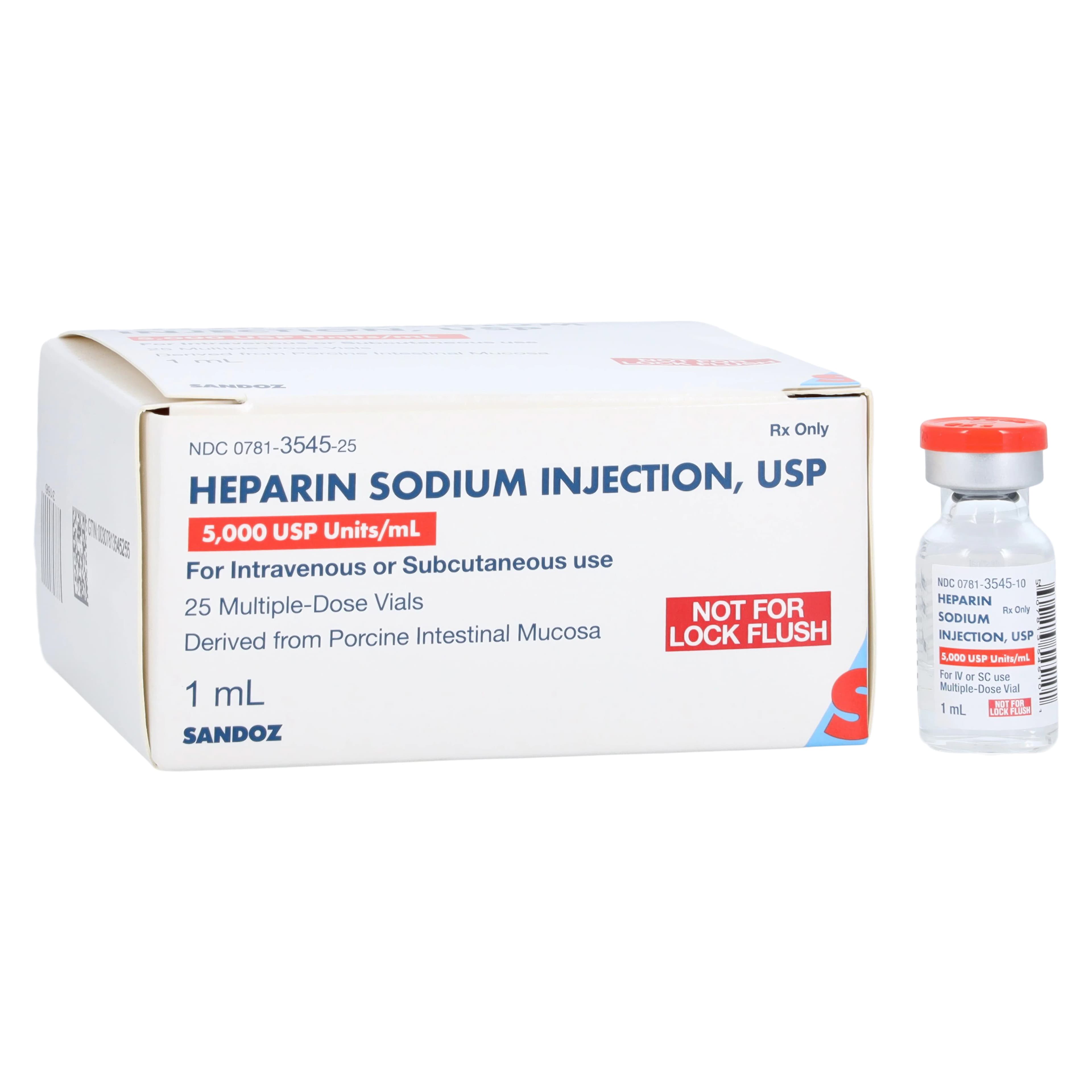 Heparin Sodium Injection, 5000 USP Units/mL, Multiple-Dose Vial, 1 mL, 25/Package, Sandoz - Heparin Sodium Pork MDV 1mL - Image 1