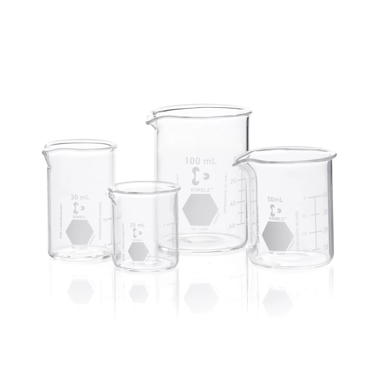 Kimax Griffin Beaker, Borosilicate Glass, 100mL, 70mm, Graduated 20-80mL, Writing Patch, Spout/Beaded Top, 48/Case - Beaker Griffin Kimble Kimax - Image 1