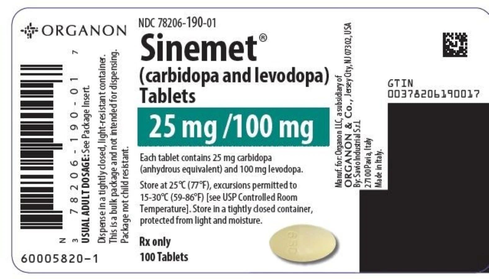 Sinemet Tablets 25mg/100mg, Bottle of 100 - Sinemet Tablets - Image 1