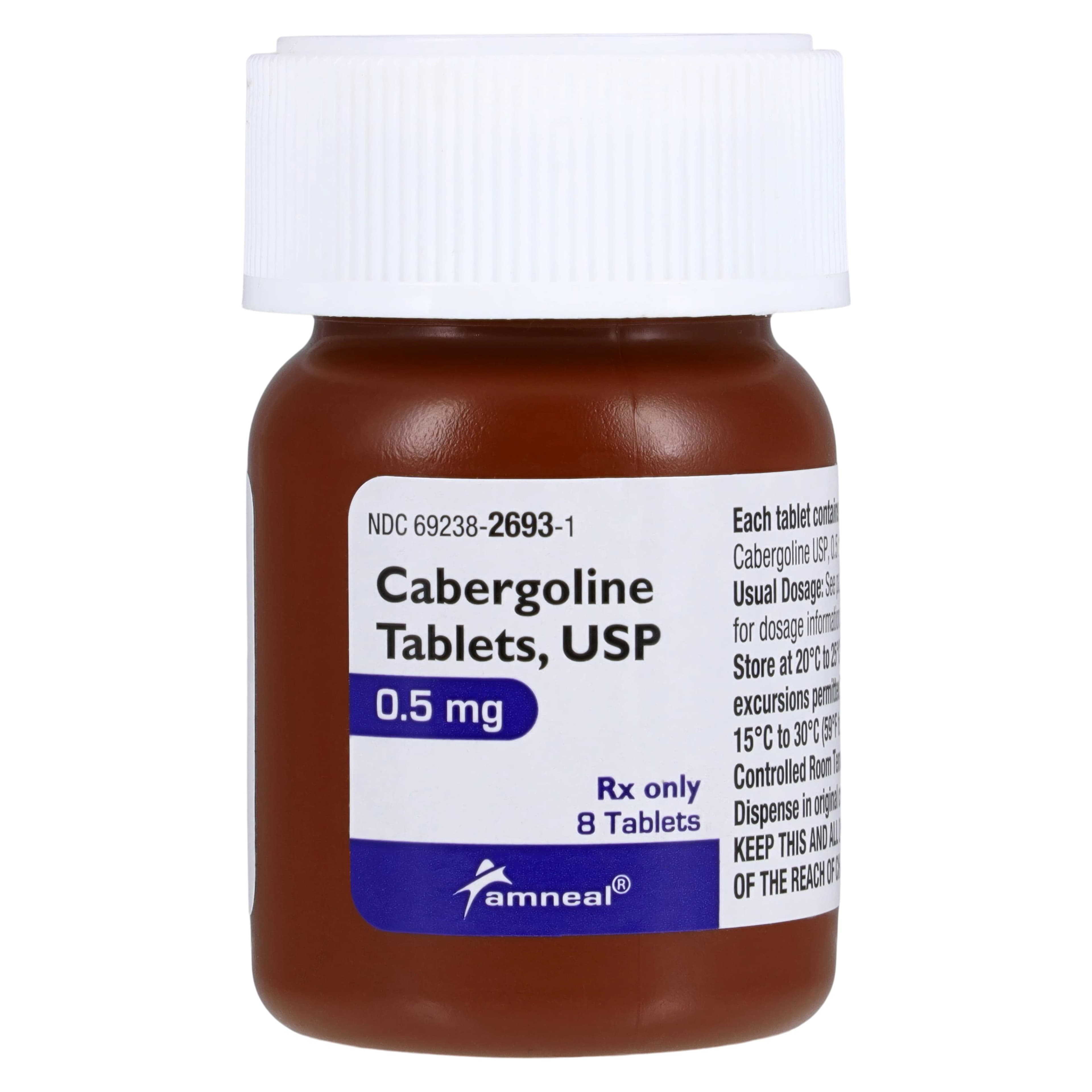 Cabergoline Tablets 0.5 mg, 8 Tablets per Bottle (Amneal Pharmaceuticals) - Cabergoline Tablets - Image 1