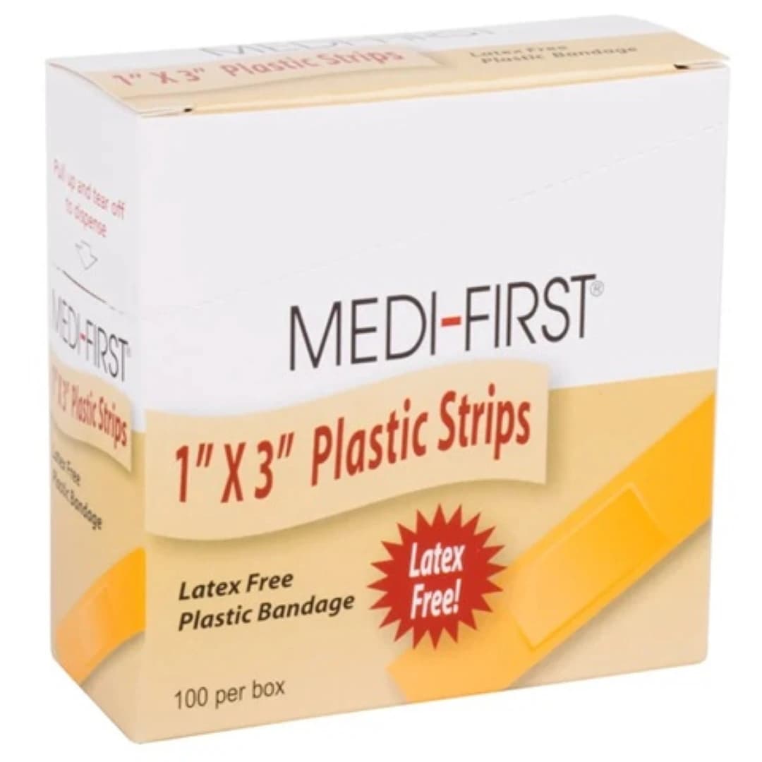 Medi-First Adhesive Bandage Plastic Strip, 1" x 3", Tan, 01KT1G0XG5MCRRBX4TW17C02K7 - Bandage Adhsv Plast Strip Tan - Image 1