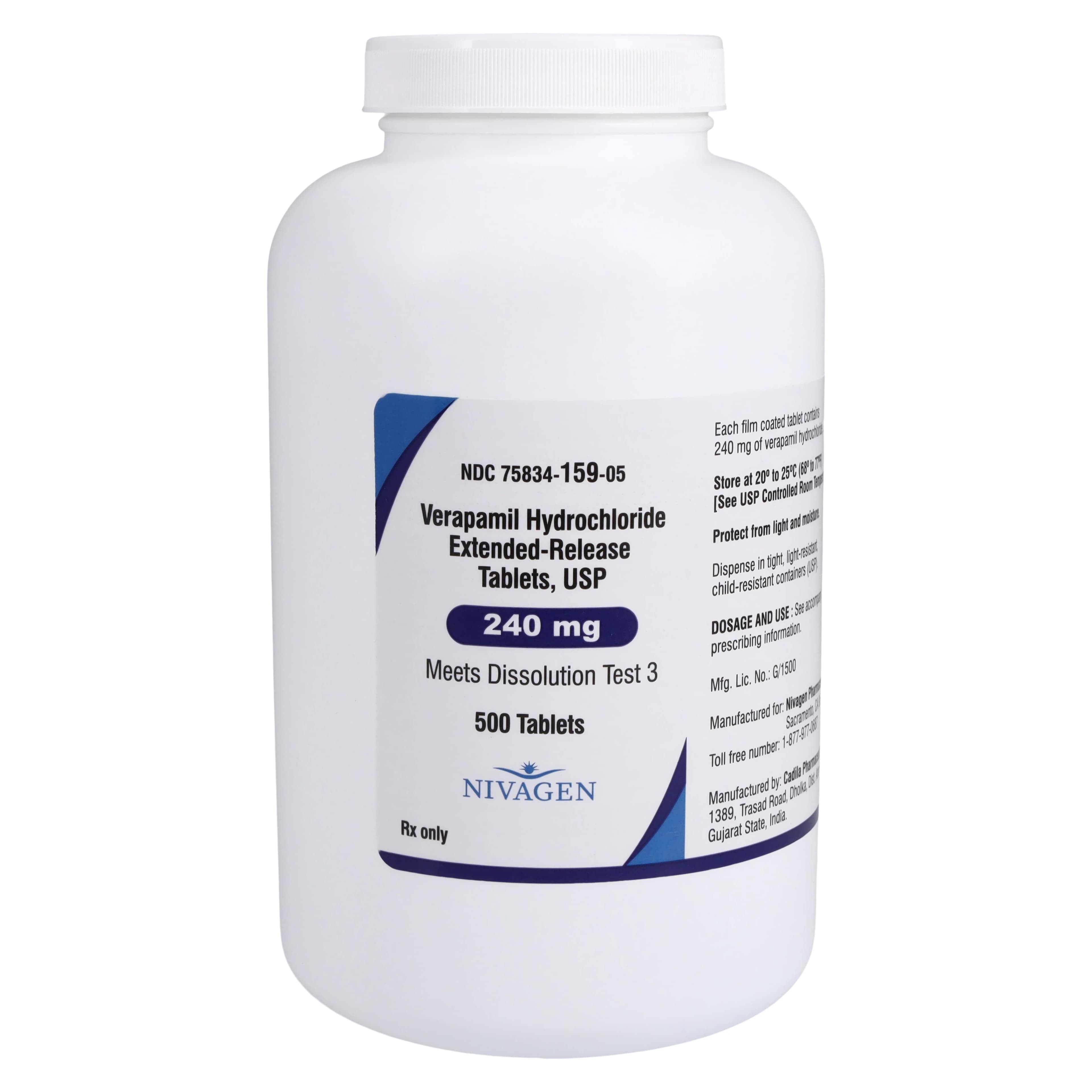 Verapamil HCl Extended-Release Tablets 240 mg, 500 Count Bottle (Nivagen Pharmaceuticals) - Verapamil ER Tablets - Image 1