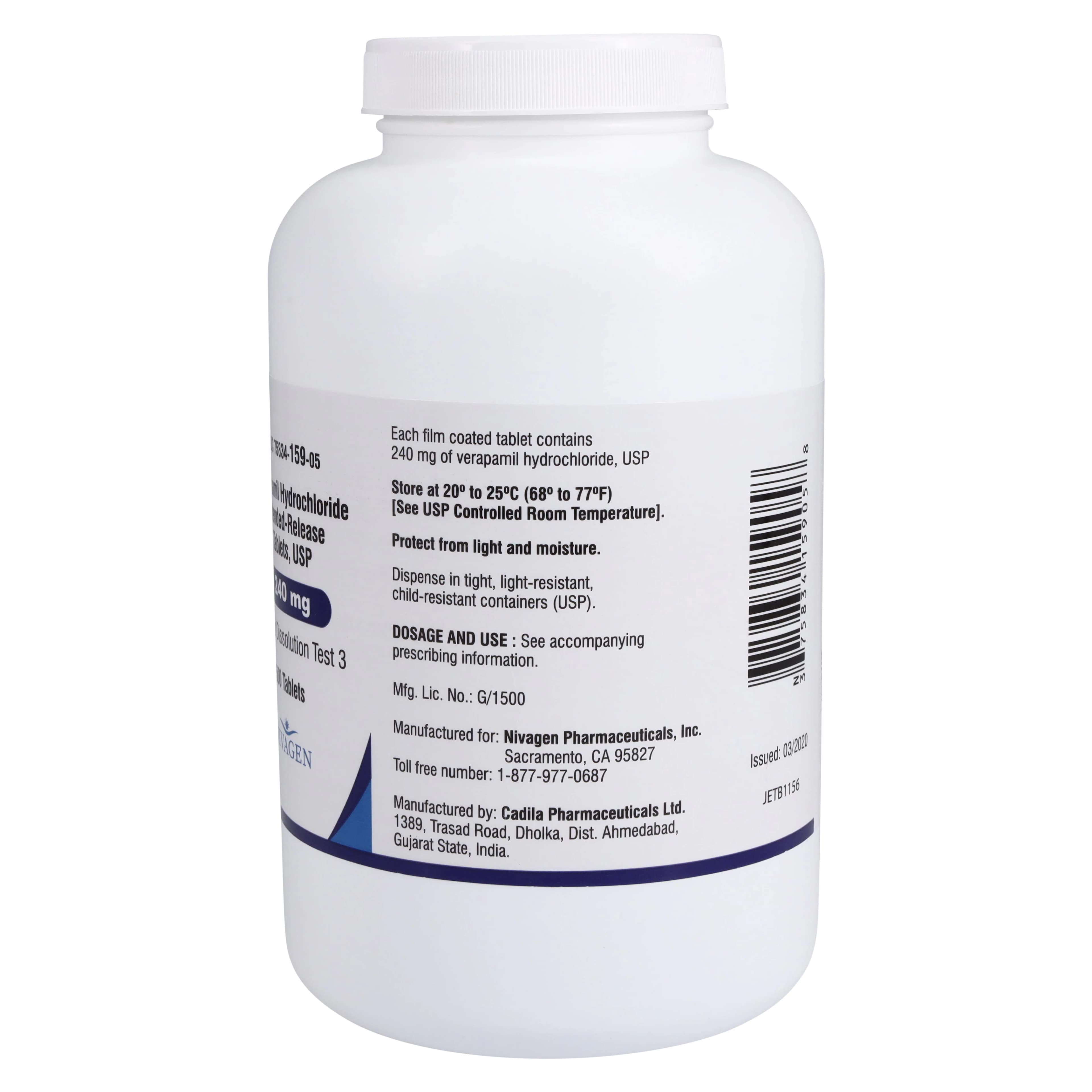 Verapamil HCl Extended-Release Tablets 240 mg, 500 Count Bottle (Nivagen Pharmaceuticals) thumbnail 2