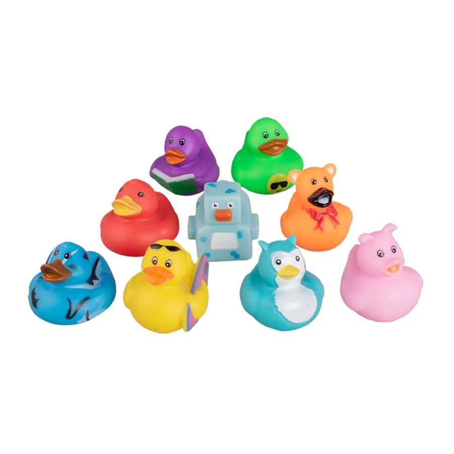 Sherman Specialty Rubber Duck Assortment, 2", Assorted Colors & Designs, 100/Pack - 2" Rubber Duck Assortment (100) - Image 1