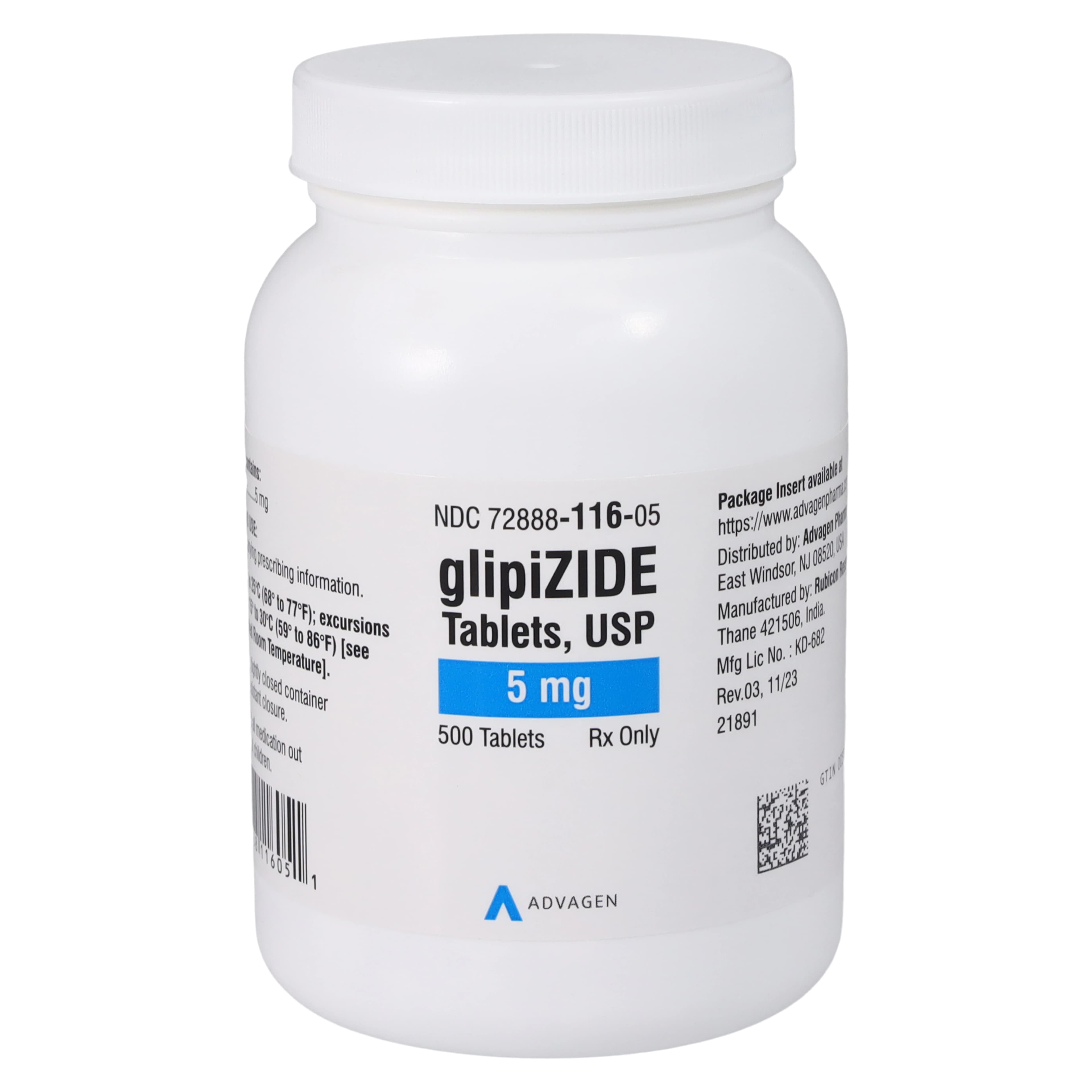 Glipizide Tablets 5 mg, 500 Count Bottle (AdvaGen Pharma) - Glipizide Tablets - Image 1