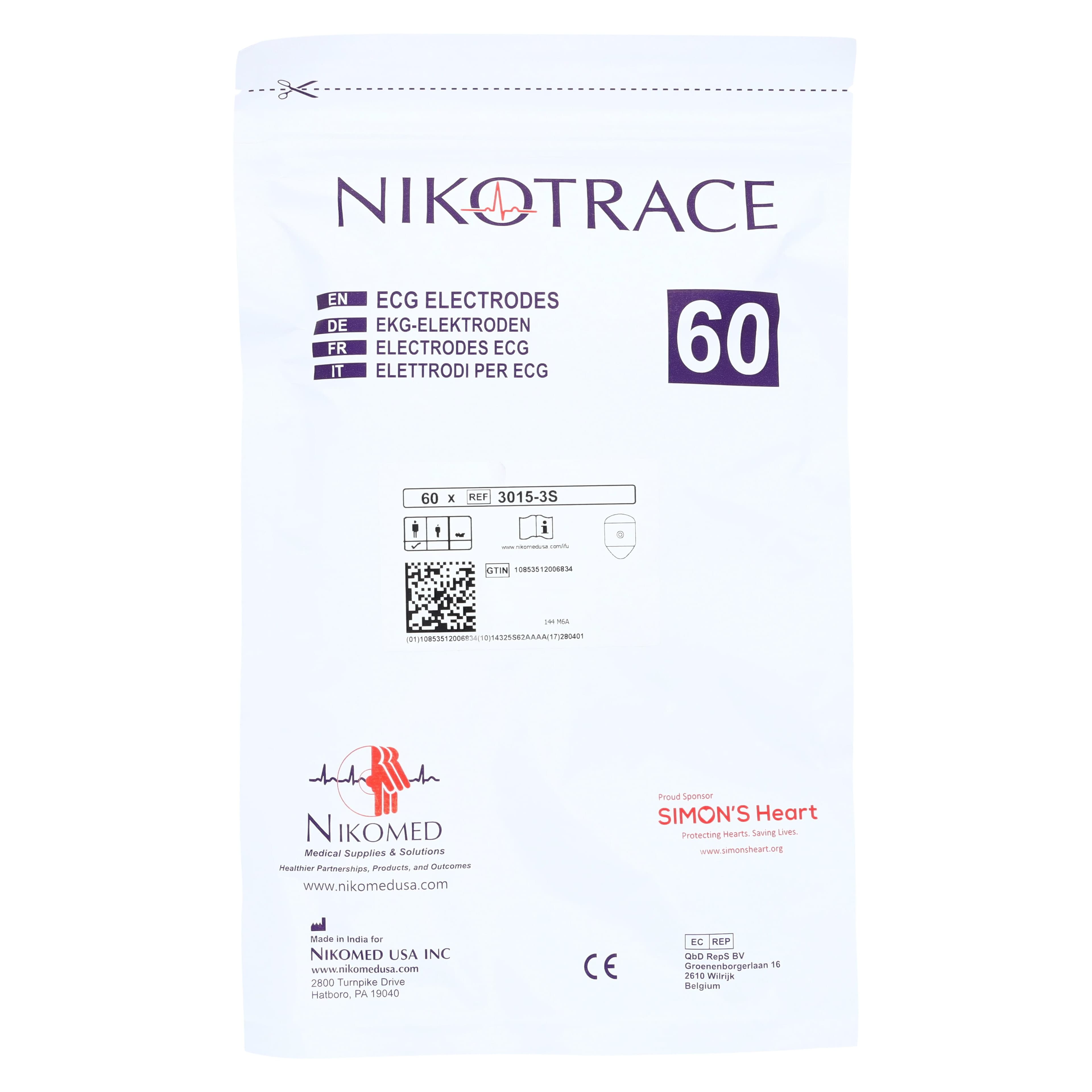 NIKOTRACE ECG Electrode, Adult/Pediatric Resting/Stress, 35x45mm Teardrop, 3/5/10 Lead, Foam, Purple, 600/Box thumbnail 4
