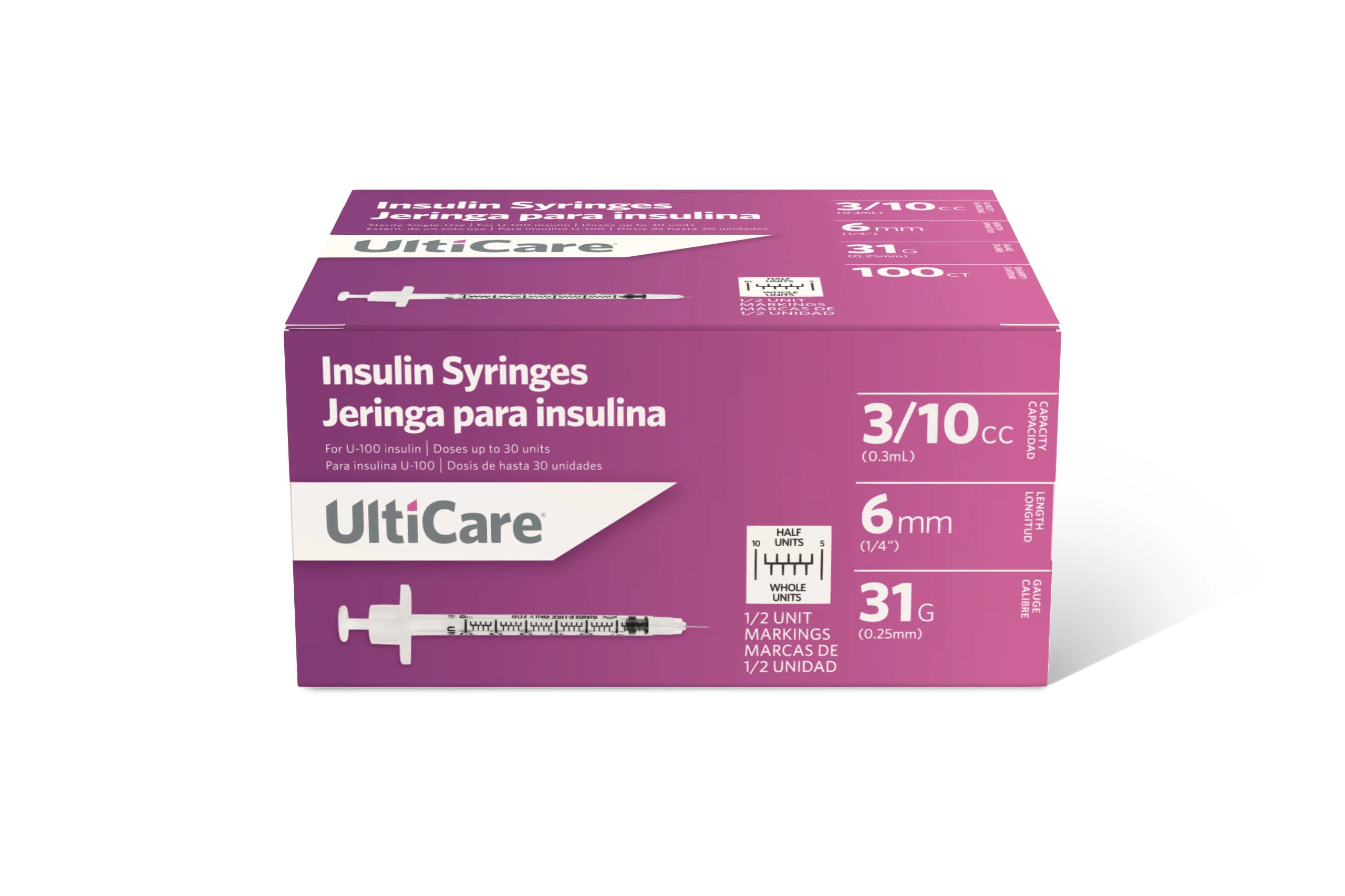 UltiCare Insulin Syringe with Needle, 31G x 1/4" (6mm), U-100, 0.3mL, Low Dead Space, 500/Case - Ulticare Syringe w/NDL .3ml - Image 1