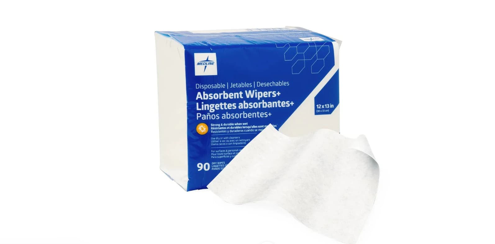 Medline Wipers+ Dry Wipes Disposable, Wood Pulp/Polyester, 12" x 12", White, 90/Bag - Absorbent Wipers Dispbl 12x12" - Image 1