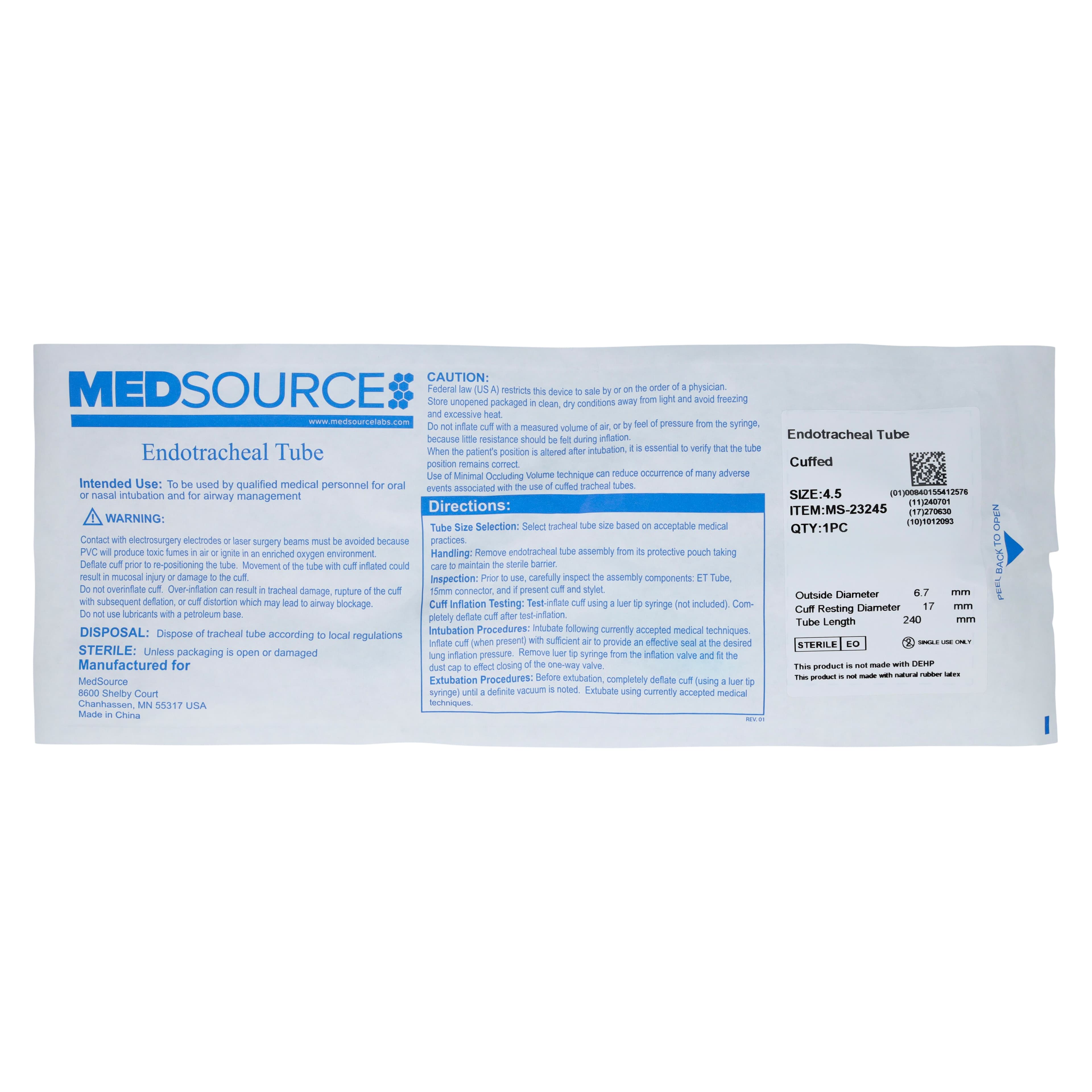 Medsource International Endotracheal Tube, Cuffed, 4.5 mm ID, PVC, 10/Box thumbnail 2