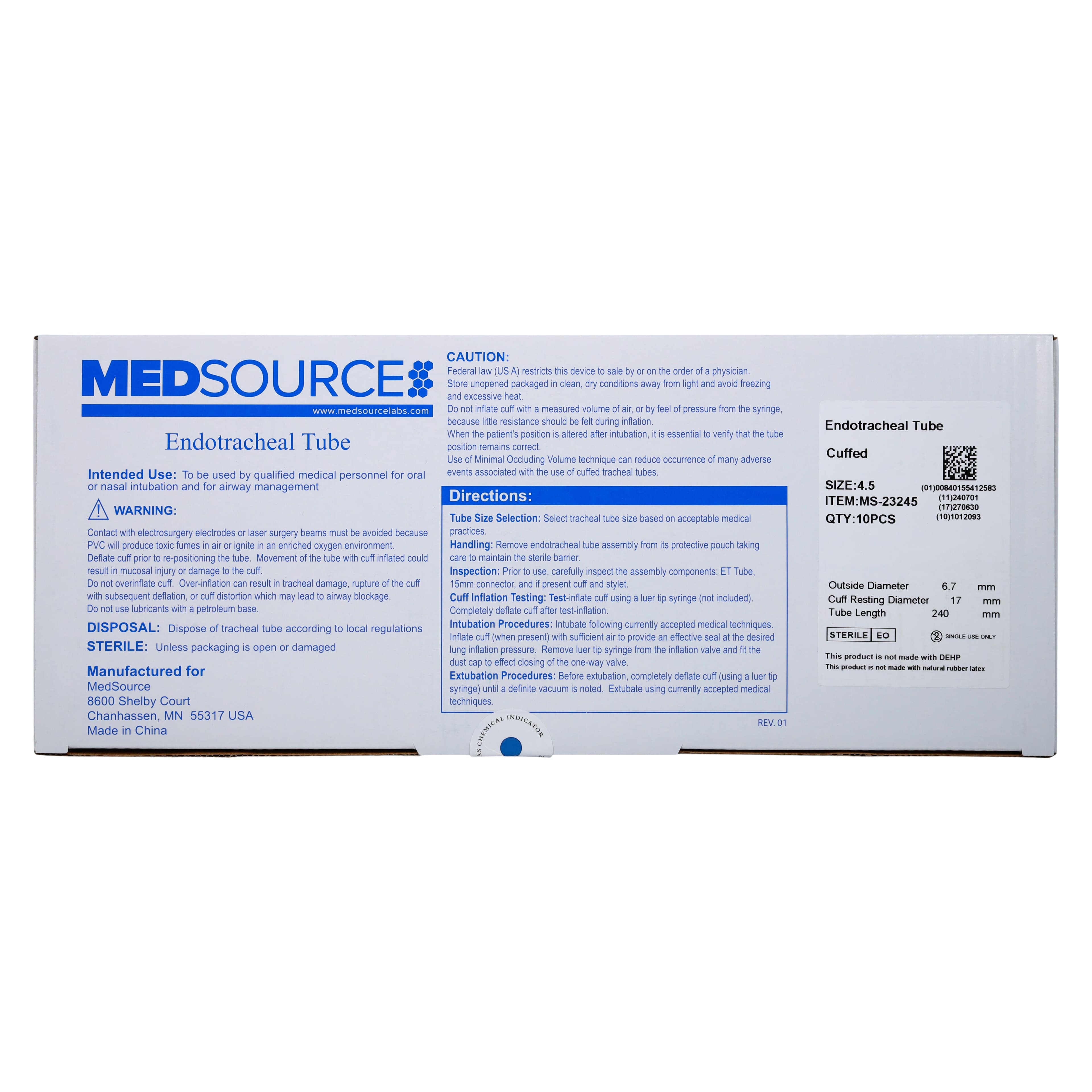 Medsource International Endotracheal Tube, Cuffed, 4.5 mm ID, PVC, 10/Box thumbnail 3