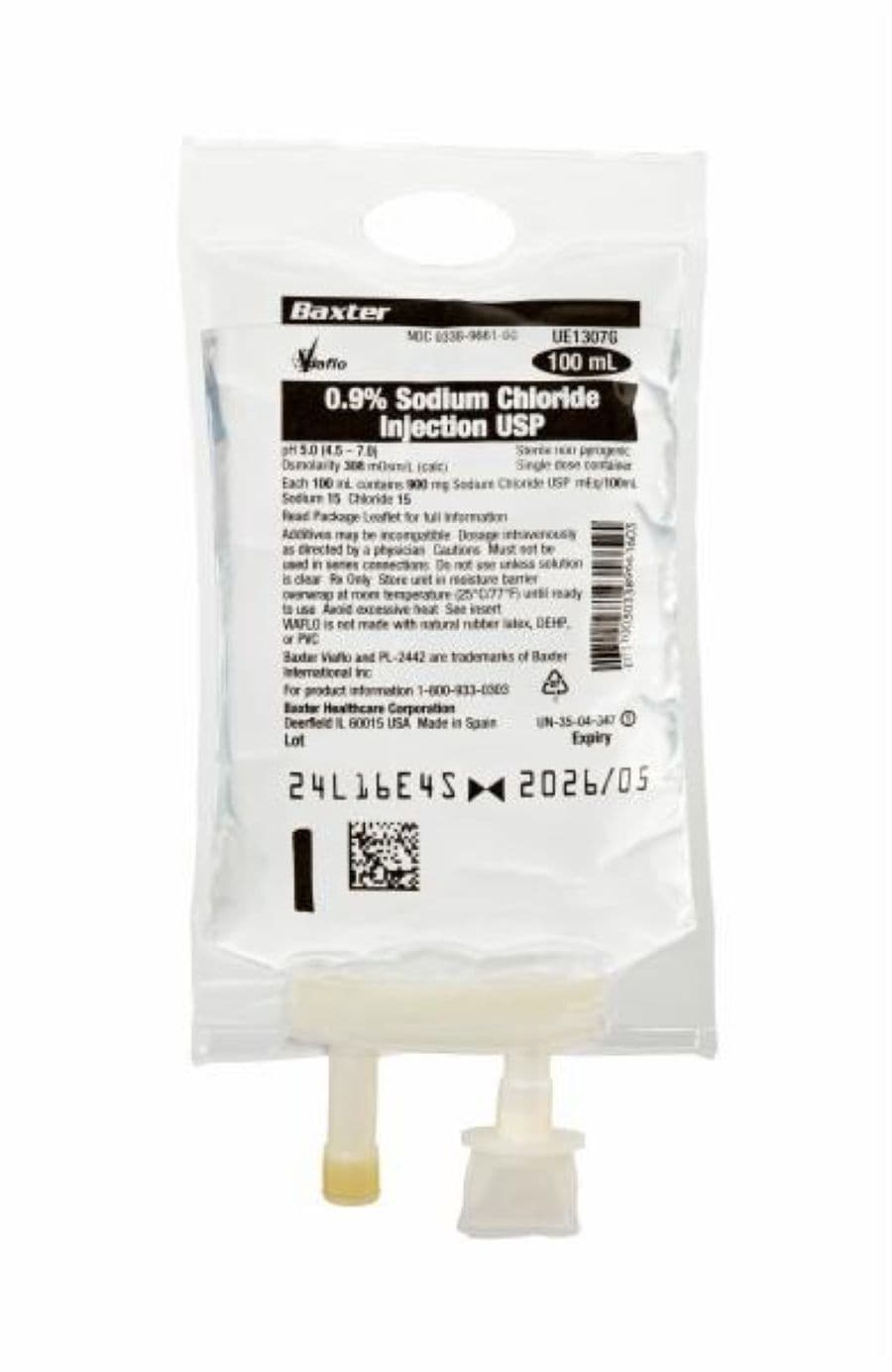 Baxter Viaflo 0.9% Sodium Chloride IV Solution, 100mL Plastic Container, DEHP-Free, 60/Case - Sodium Chlor 0.9% Inj Bg VIAFL - Image 1
