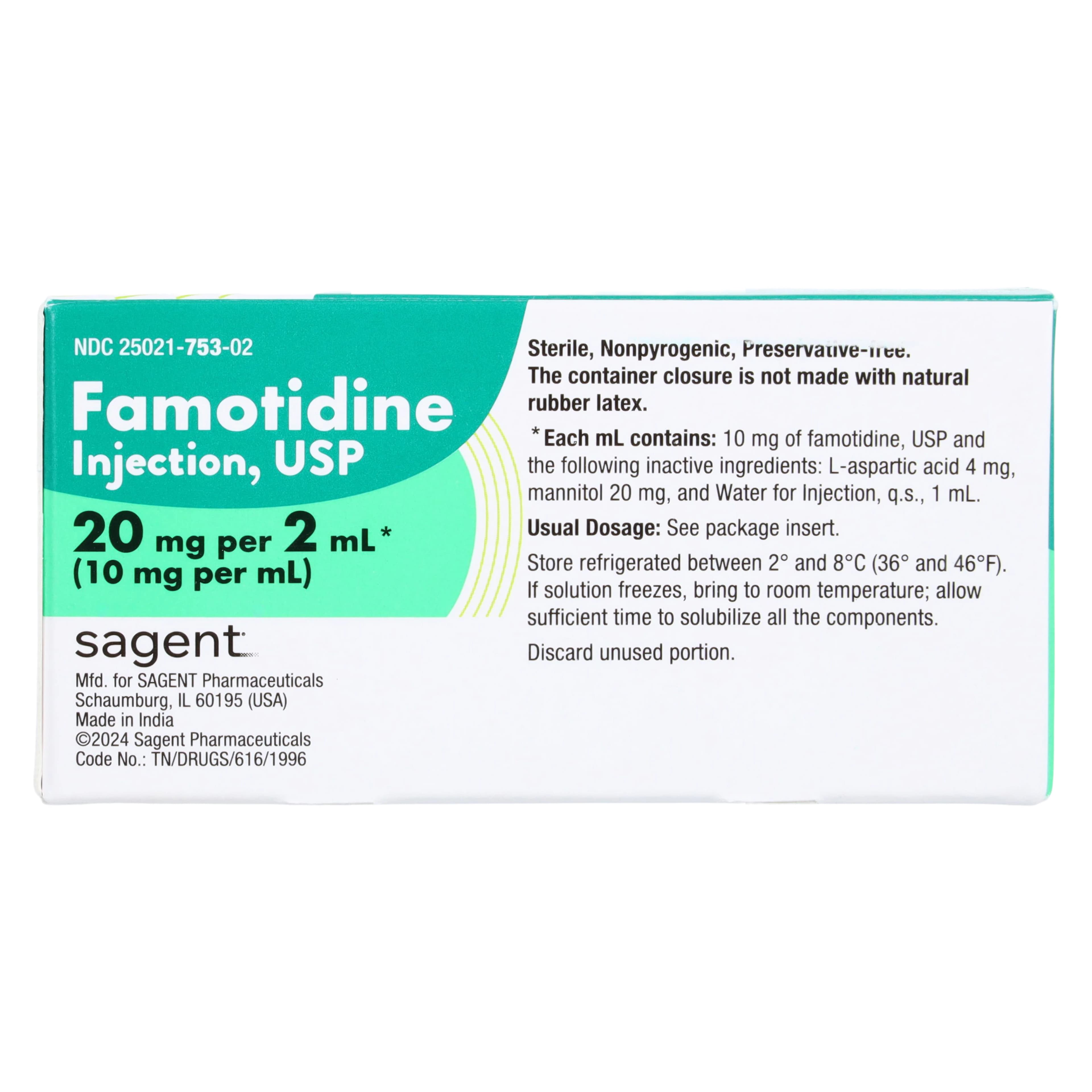 Famotidine Injection 10mg/mL SDV 2mL, 25/Package, Sagent Pharmaceuticals thumbnail 5