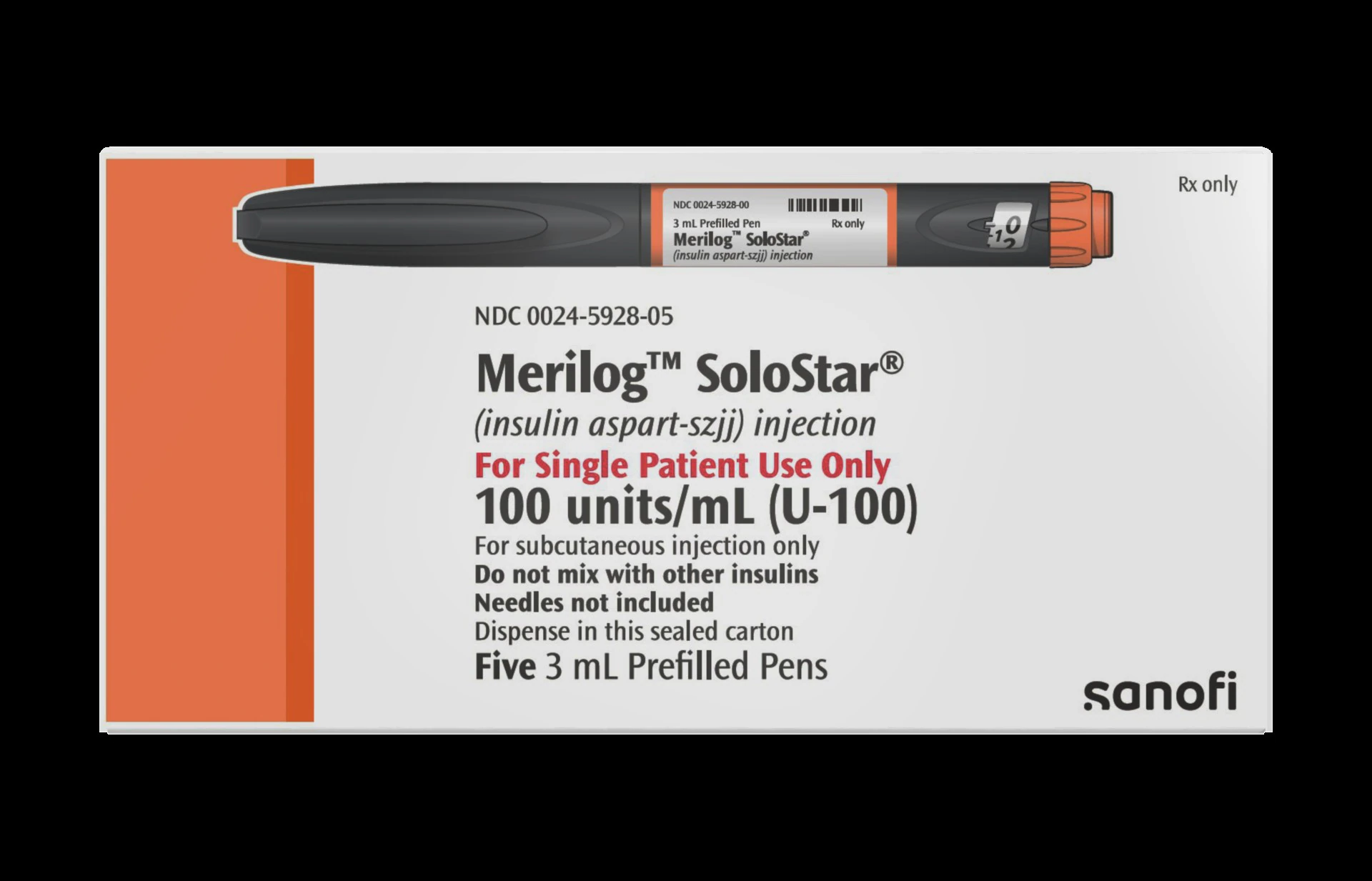 Merilog Solostar Pens, 100 U/mL, 3 mL, 5/Pack - Merilog Solostar Pens 3ml - Image 1