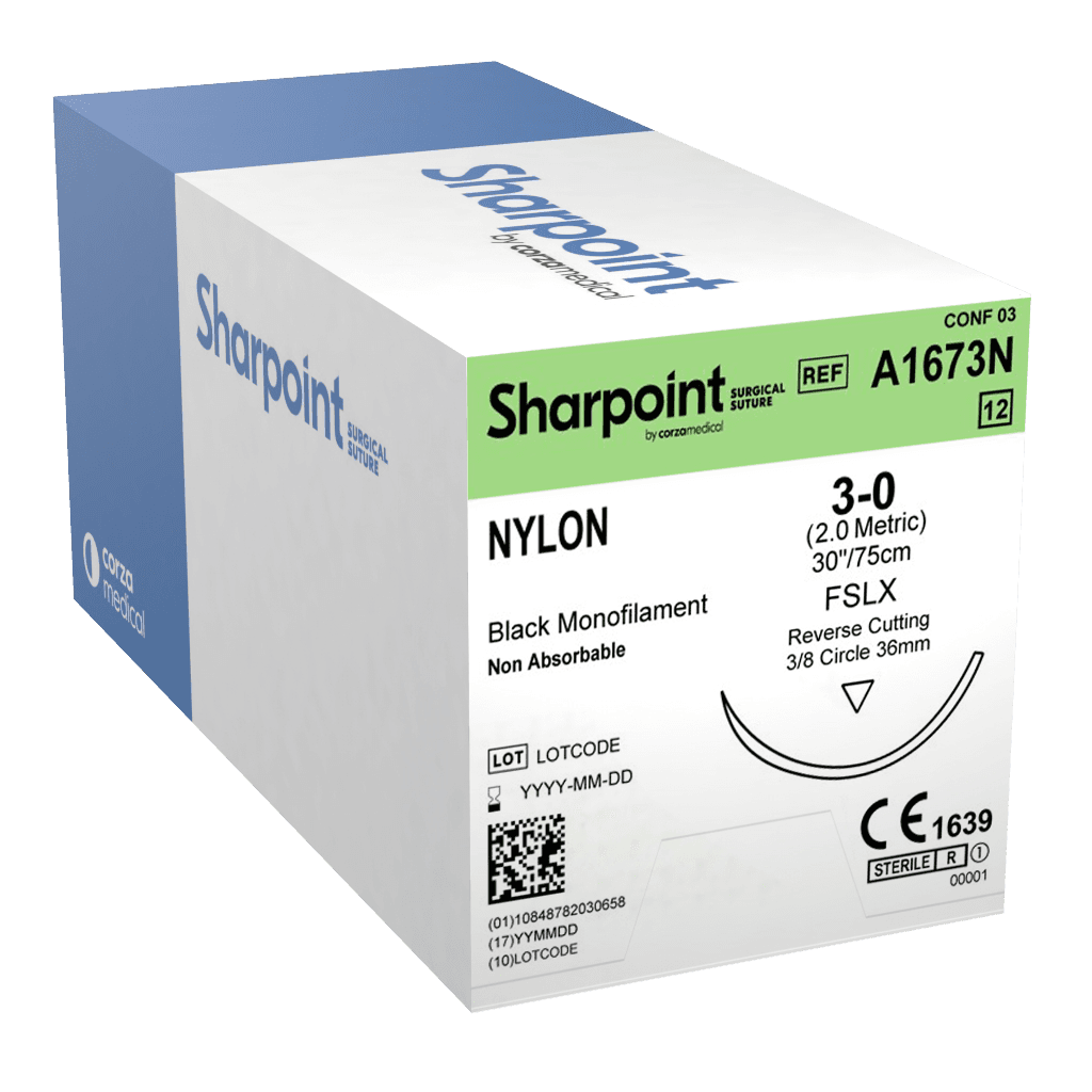 Sharpoint Suture Nylon 3-0, 30", Non-Absorbable, FSLX Reverse Cutting 3/8 Circle Needle 36mm, Black, 12/Box thumbnail 2