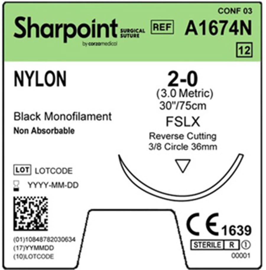 Sharpoint Nylon Suture, 2-0, 30" Black, Non-Absorbable, FSLX Reverse Cutting 3/8 Circle Needle 36mm, 12/Box - Suture Sharpoint Nylon FSLX - Image 1