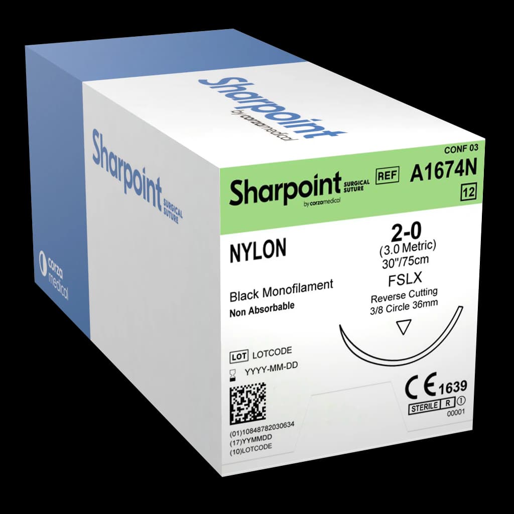 Sharpoint Nylon Suture, 2-0, 30" Black, Non-Absorbable, FSLX Reverse Cutting 3/8 Circle Needle 36mm, 12/Box thumbnail 2